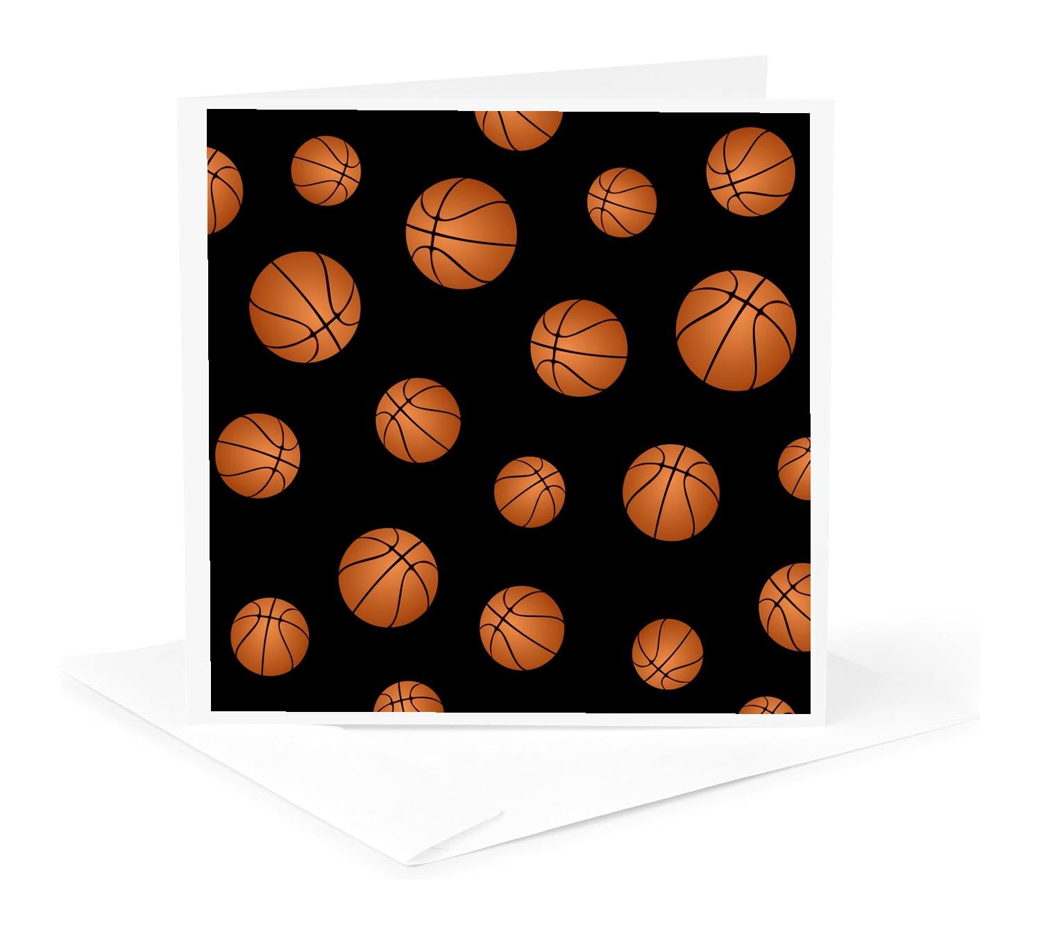 3D Rose Basketball Pattern Greeting Card - Black Background with Orange Brown Basketballs | Sports Theme for Fans, Players & Coaches | Perfect for Birthdays, Holidays & Game Day Celebrations