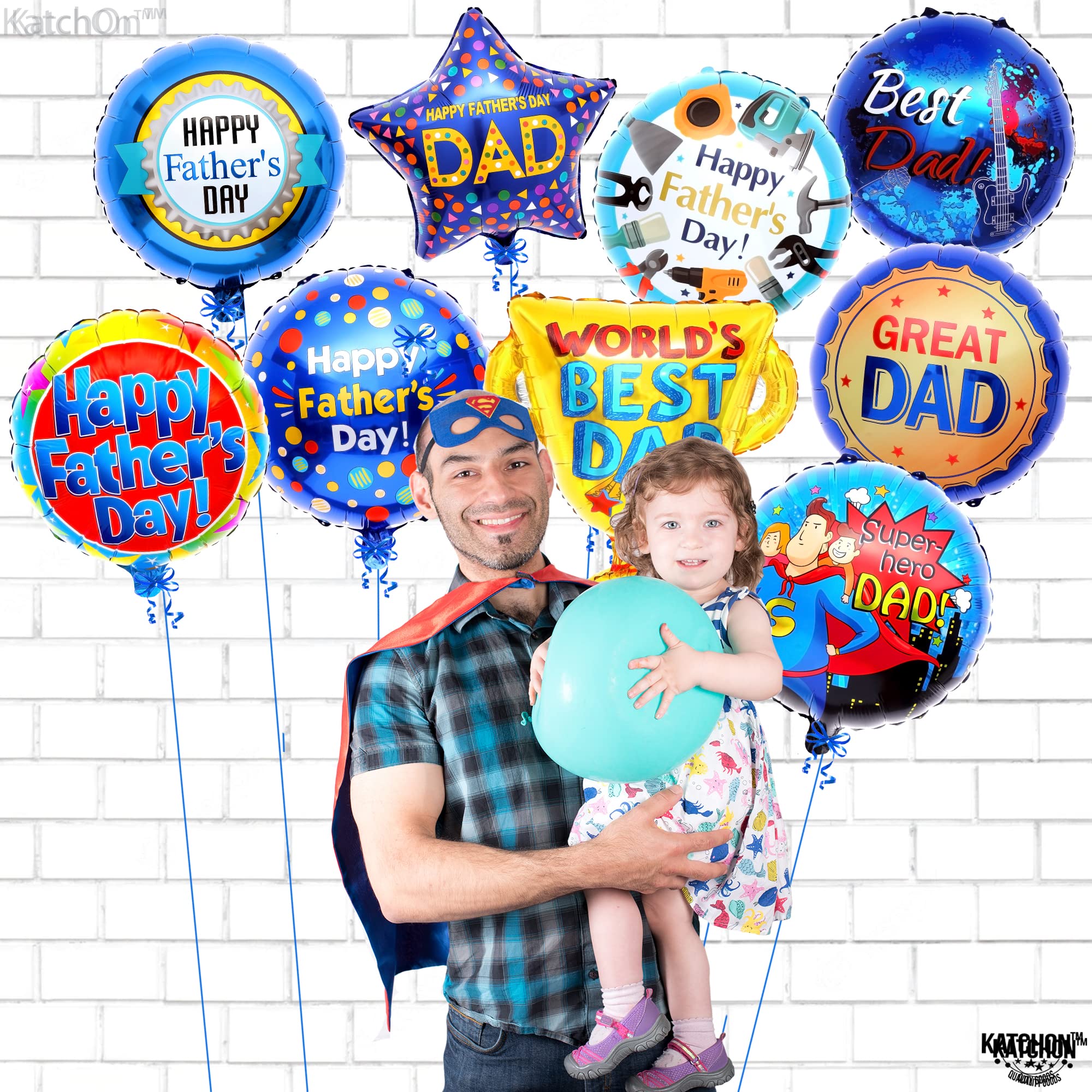 KatchOn Happy Father's Day Balloons - Pack of 10 Large Foil Balloons for Dad | Super Hero Dad & Trophy Balloons for Father's Day Party Decorations | Perfect for Backdrops, Home Decor, and Birthday Celebrations