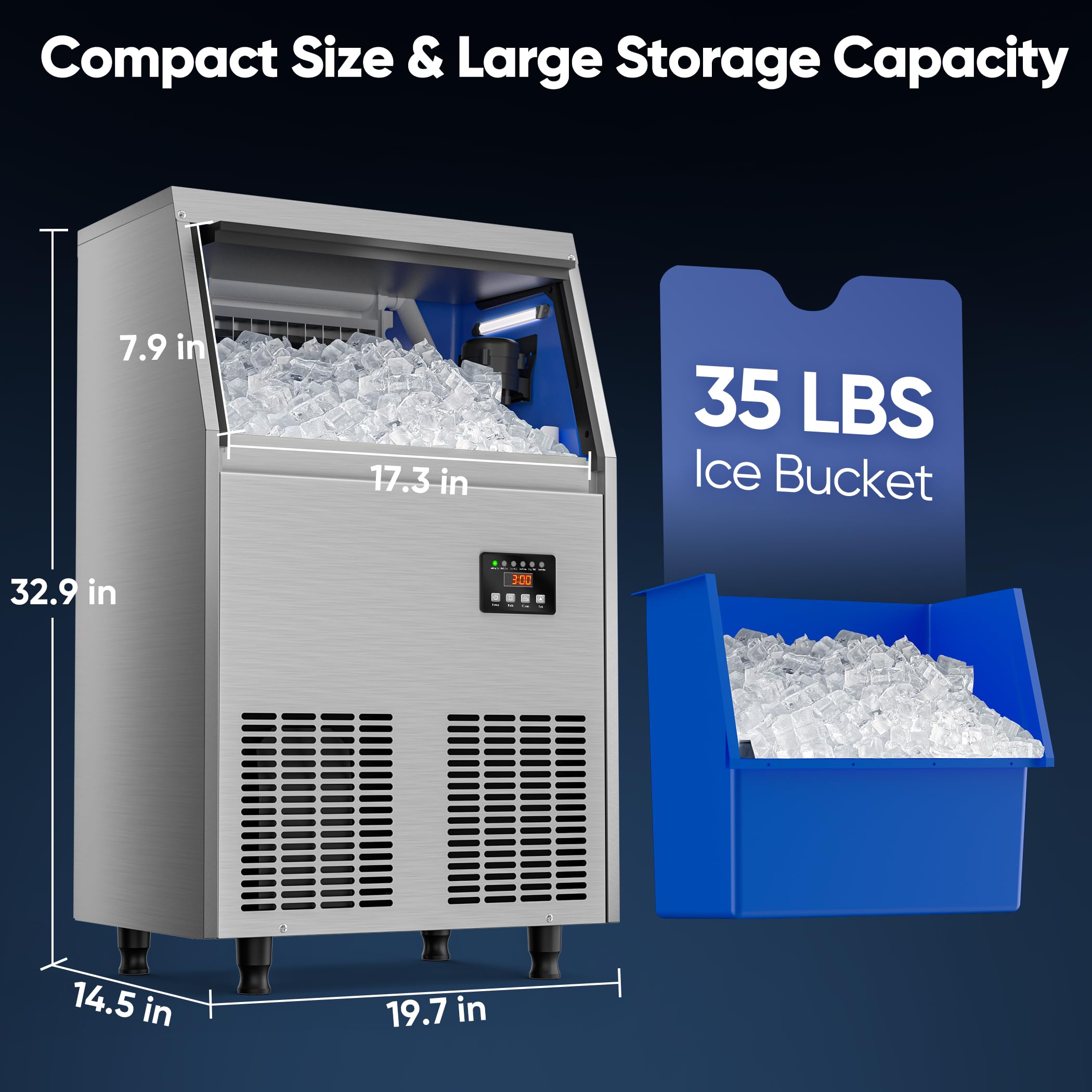 Commercial Ice Maker Machine 150LBS/24H with 35LBS Storage - Freestanding Under Counter Ice Machine for Home Bar, Office, Restaurant | Perfect for Cocktails, Beverages & Food Preservation