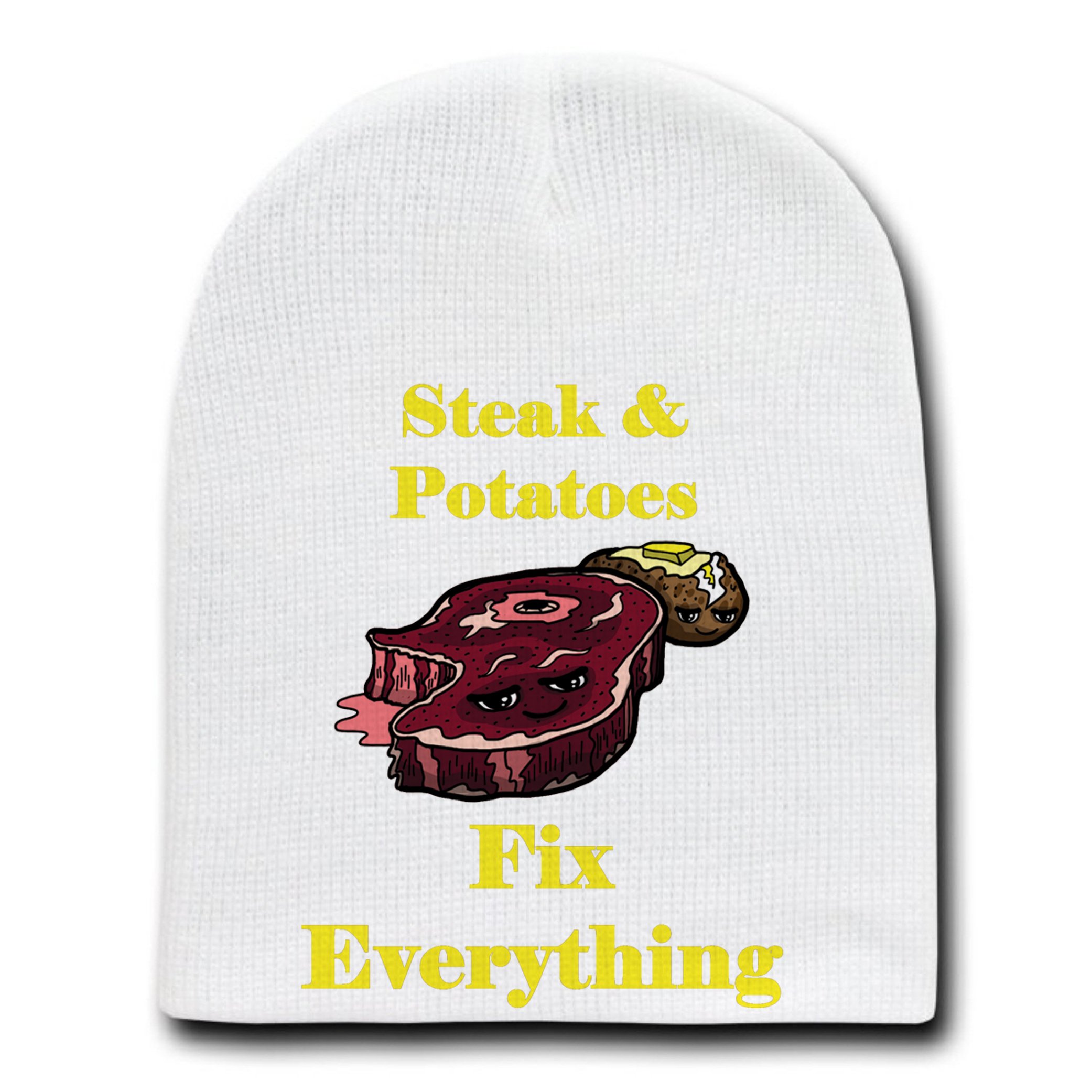 Steak & Potatoes Fix Everything - Funny Food Cartoon Beanie Hat for Men & Women | Warm Winter Skull Cap for Outdoor Activities & Casual Wear