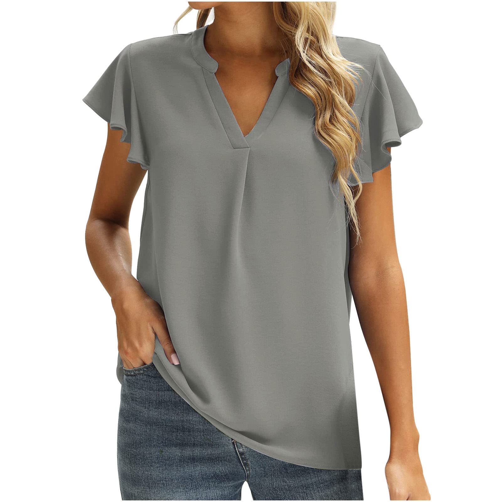 Women's Casual Summer Tops - Split V-Neck Short Sleeve T-Shirt Blouses, Solid Color Loose Fit Work Tunic Shirts for Office & Weekend Wear