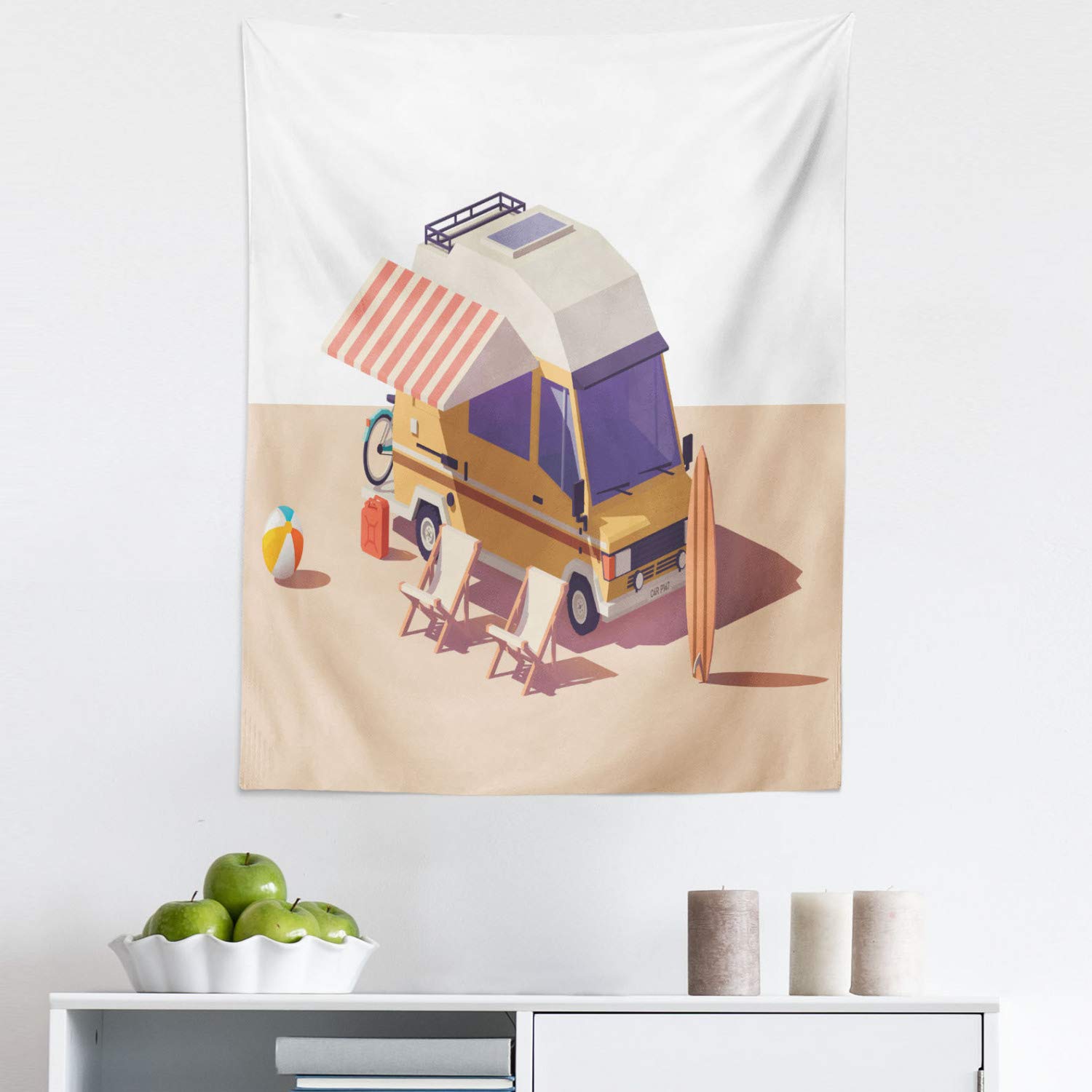 Ambesonne RV Camper Van Tapestry - Classic Station RV with Surfboard & Chairs Wall Art Decor, 23