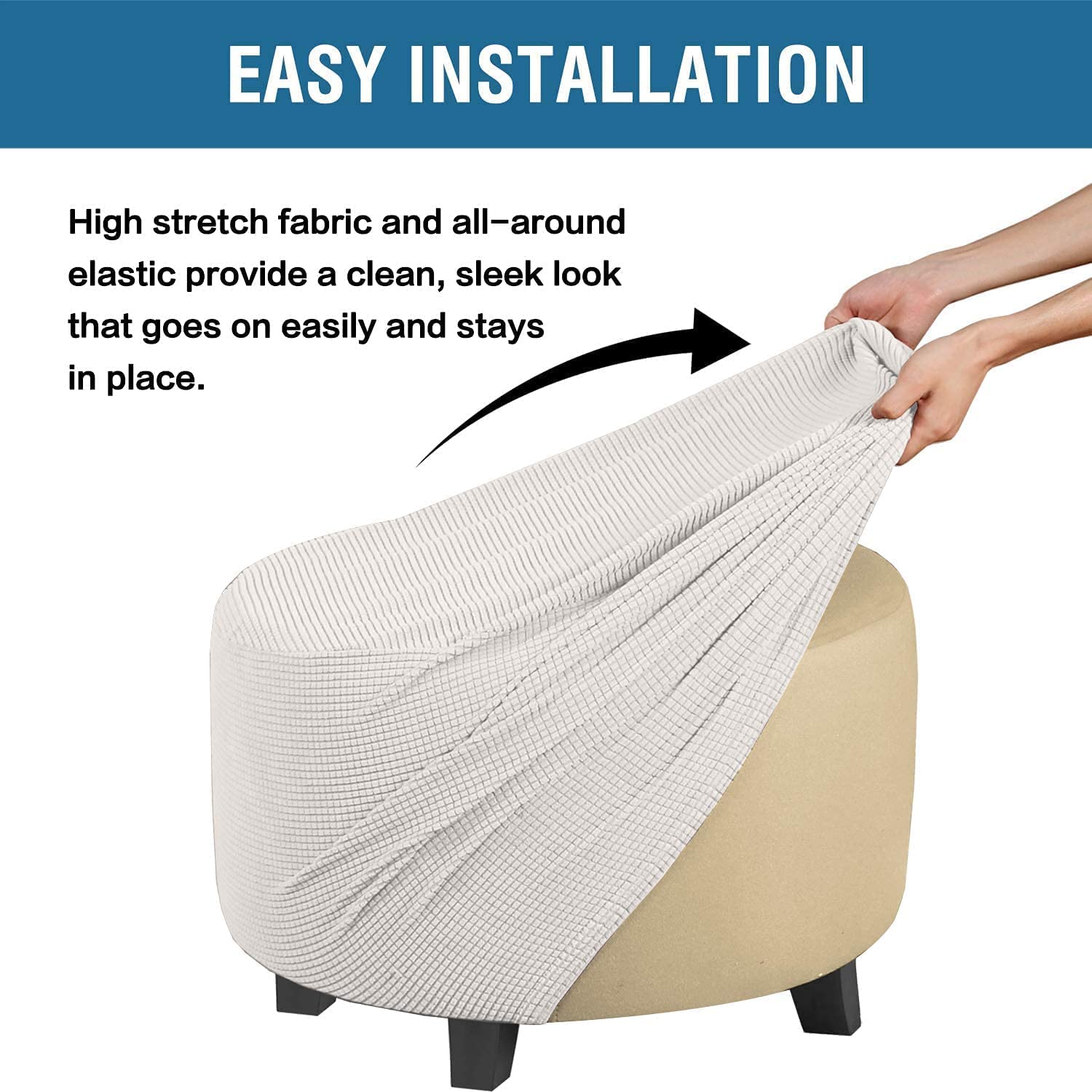Stretch Ottoman Slipcover Round Storage Cover - Large White Furniture Protector for Folding Stool & Ottoman | Perfect for Living Room, Bedroom & Office Decor