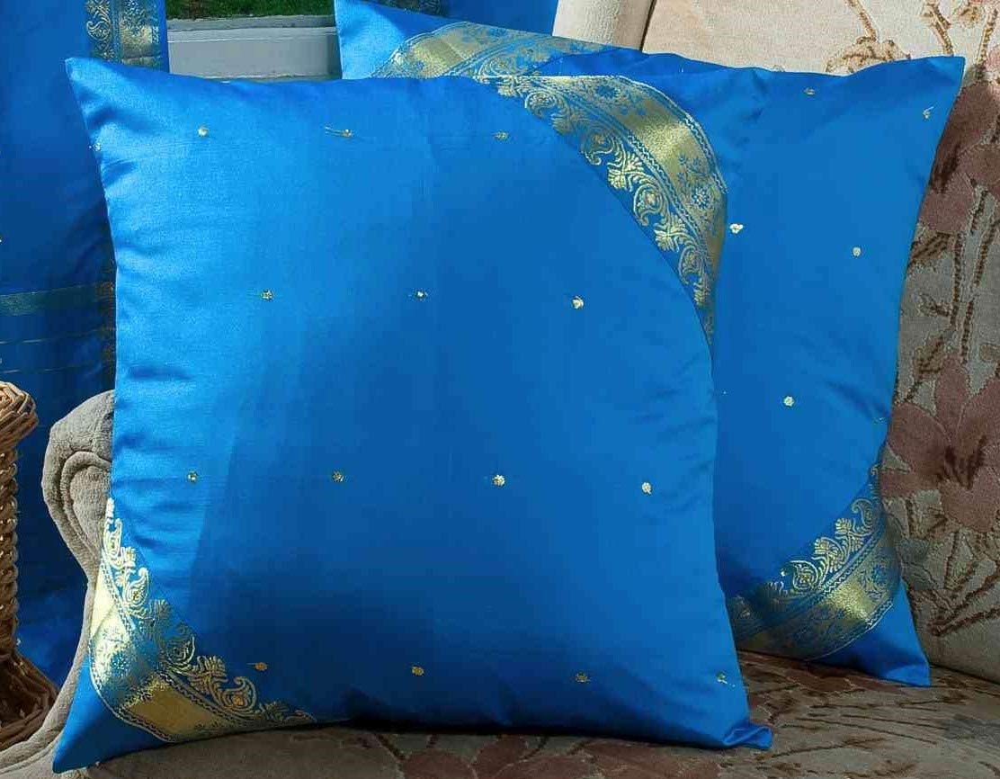 Handmade Sari Cushion Covers Set of 2 - Blue Boho Pillow Covers with Zipper 16x16 Inches | Indian Sari Throw Pillow Covers for Sofa, Bed, Living Room Decor | Home Decor Gift for Housewarming & Boho Style Lovers