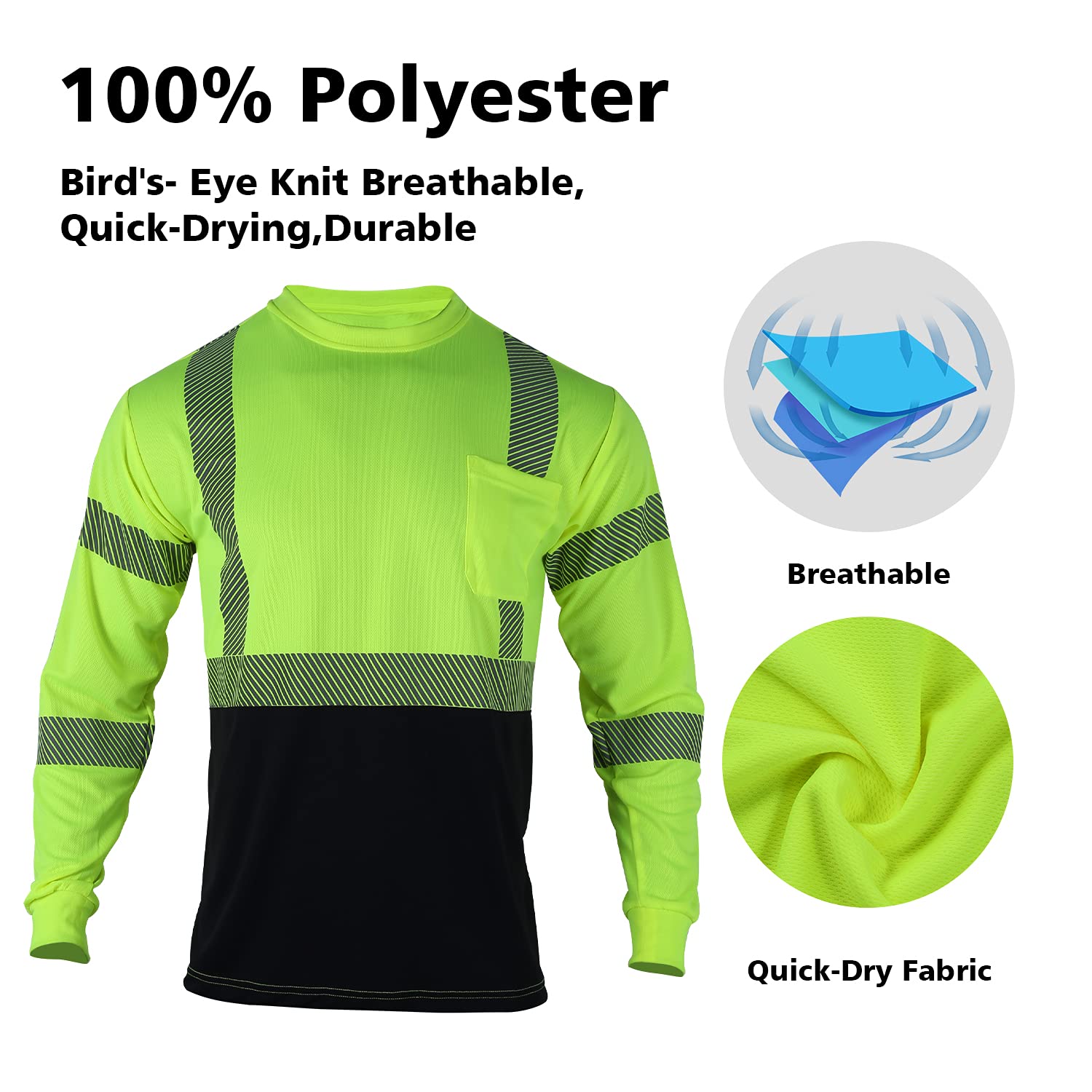VENDACE 3-Pack High Visibility Reflective Safety Shirts - Long Sleeve Hi-Vis Work Shirts for Men (Yellow, XL) - Ideal for Construction, Road Work & Nighttime Safety