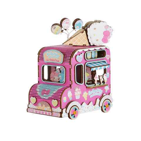 DIY Hello Kitty & Friends Ice Cream Truck 3D Wooden Puzzle - Music Box Kit for Kids & Adults - Fun Creative Gift for Birthday, Christmas & Home Decoration - Perfect for Family Bonding & Craft Lovers