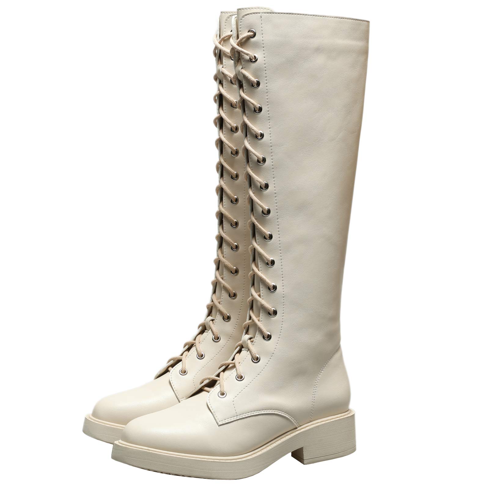 ANUFER Women's Faux Leather Knee-High Winter Boots with Buckle & Lace-Up Closure - Stylish & Warm for Office, Dating & Winter Outfits