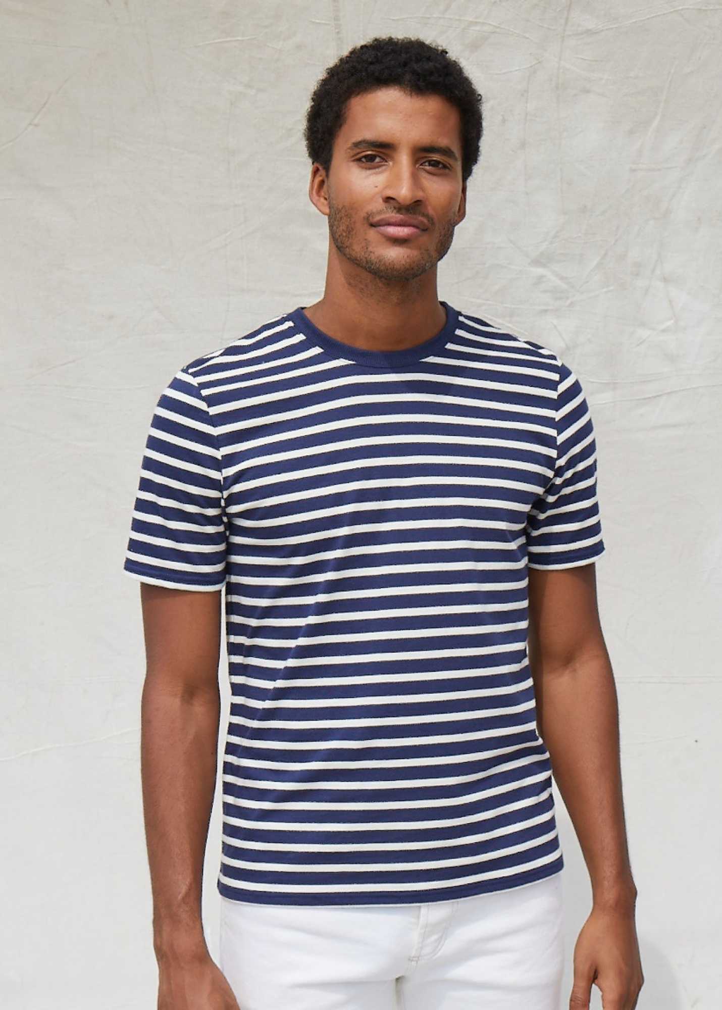 PLOUIDER Men's Breton Striped T-Shirt | 100% Cotton Crew Neck Tee | Navy & Ecru Colors | Casual Wear & Weekend Outfits