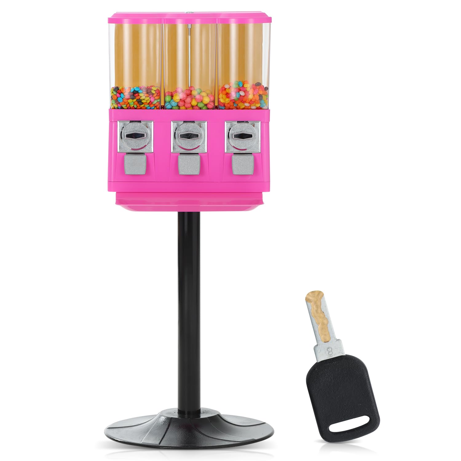 **Pink Triple Coin Operated Candy Vending Machine with Stand – Commercial & Home Use for Gumballs, Toys & Capsules – Perfect for Retail Stores, Arcades, and Home Entertainment**