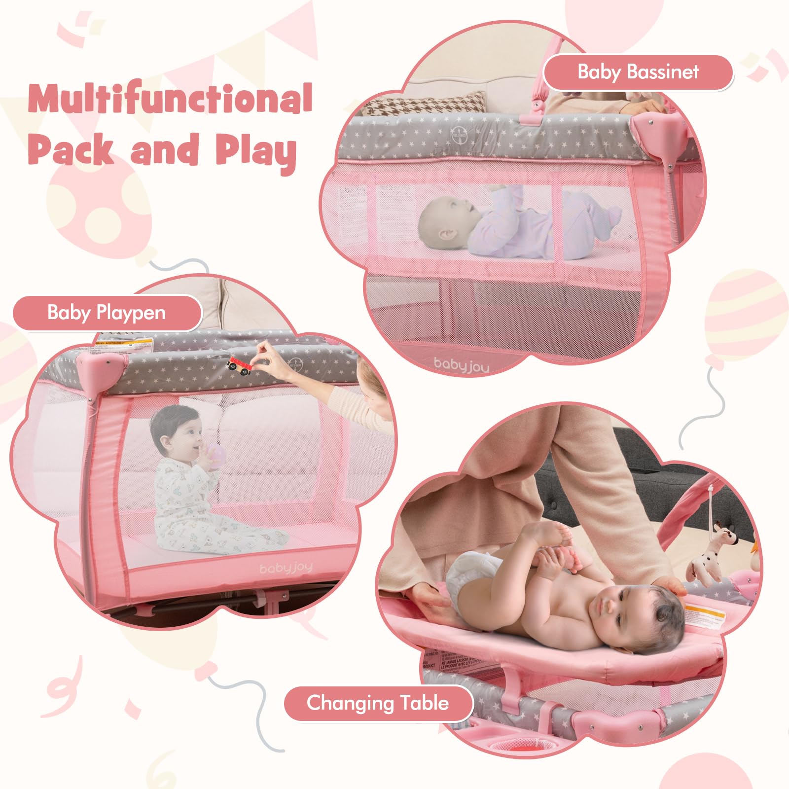 **BABY JOY 3-in-1 Portable Pack and Play with Bassinet & Changing Table - Convertible Travel Crib Playard with Brake Wheels, Newborn Napper & Large Storage Shelf - Includes Oxford Carry Bag - Perfect for Nursery, Travel & On-the-Go Parenting**