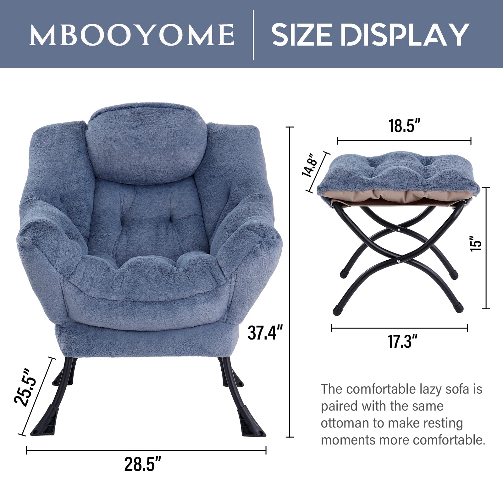Modern Lazy Chair with Ottoman - Plush Light Blue Upholstered Lounge Chair Set with Armrests for Living Room, Bedroom & Office | Perfect for Reading, Relaxing & Leisure Time