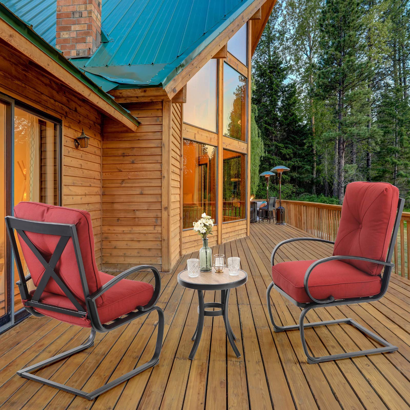 Sophia & William 2-Piece Outdoor Patio Furniture Set - Spring Motion Bistro Chairs with Cushions & Round Table - Perfect for Backyard, Garden, Poolside or Balcony Relaxation - Red