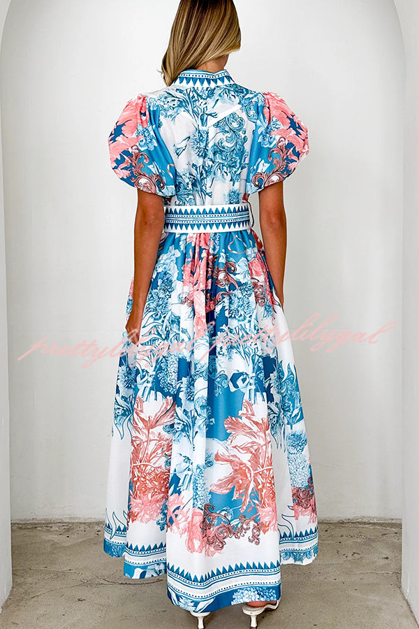 Stylish Floral Print Puff Sleeve Button-Down Belted Maxi Dress for Women | Summer Beach Wedding Party Outfit | Perfect for Vacations, Date Nights & Special Occasions