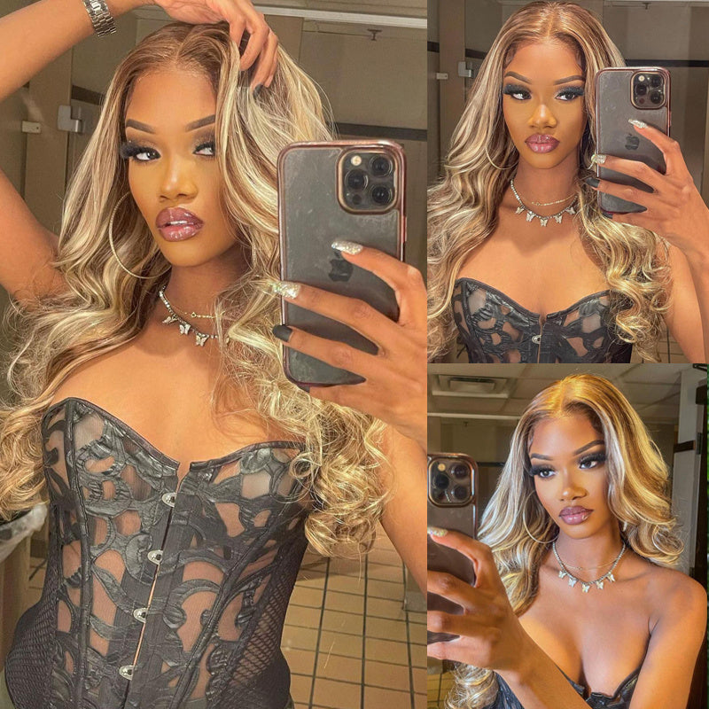 Eullair P8/613 Piano Highlights Body Wave 13×4 Lace Frontal Wig - Brown with Blonde Highlights Straight Human Hair Wig for Women | Perfect for Daily Wear, Parties & Special Occasions
