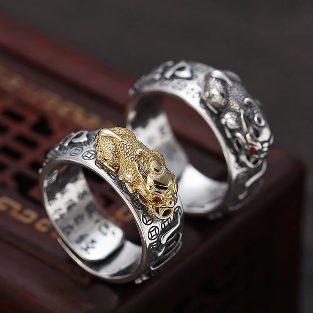 JUNTEN Feng Shui Pixiu Adjustable Ring for Men & Women - Tibetan Buddhist Wealth Lucky Charm Sterling Silver Open Ring - Perfect for Meditation, Gifts & Spiritual Protection
