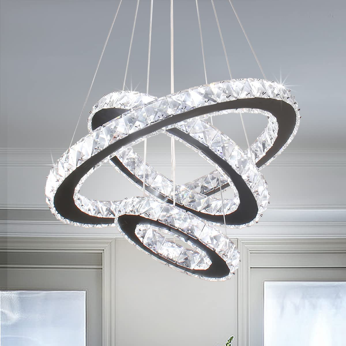 Modern LED Crystal Black Chandelier - 3-Tier Adjustable Height Pendant Light Fixture for Dining Room, Bedroom & Living Room (Cool White) | Elegant Ceiling Lighting for Home Decor, Wedding Venues & Restaurants