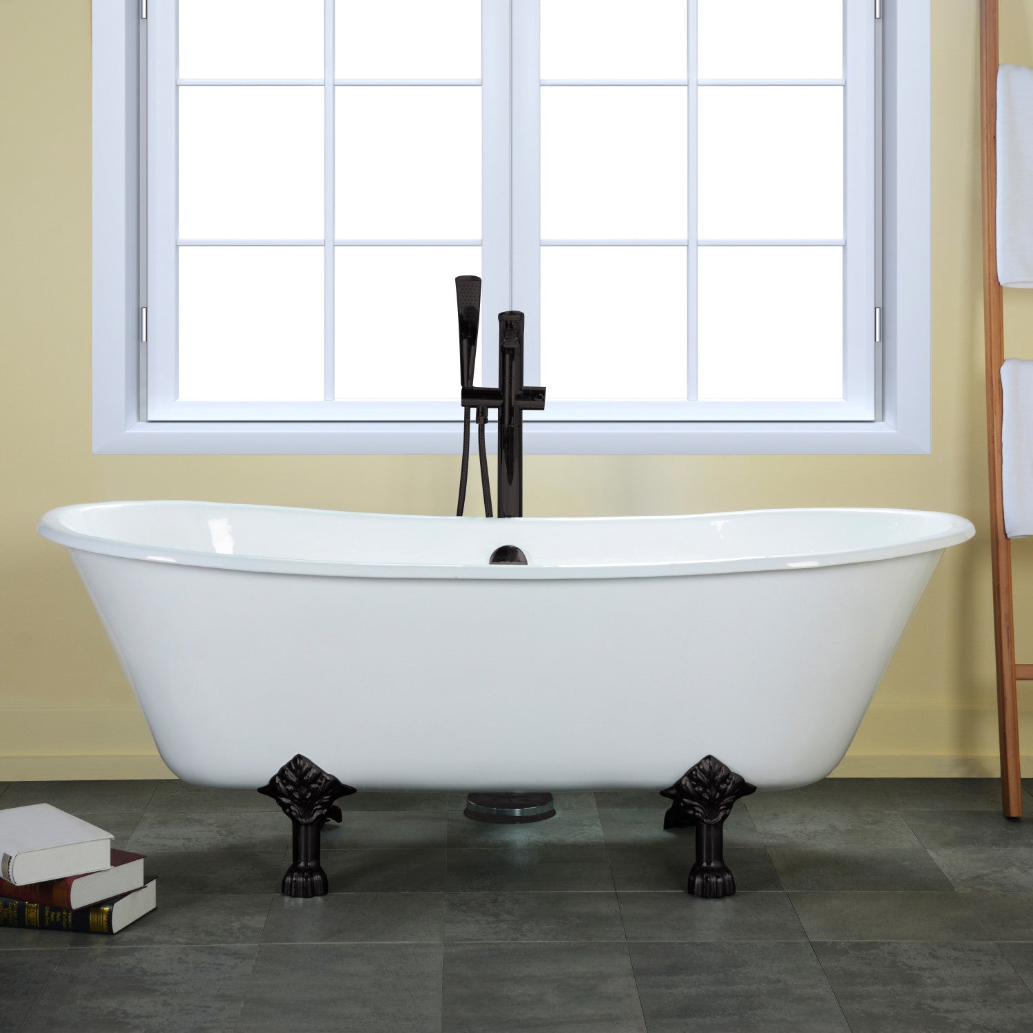 Aqua Eden 67 Inch White Matte Black Cast Iron Oval Double Slipper Clawfoot Bathtub - No Faucet Drillings - Vintage Freestanding Soaking Tub for Luxury Bathroom & Spa Retreat