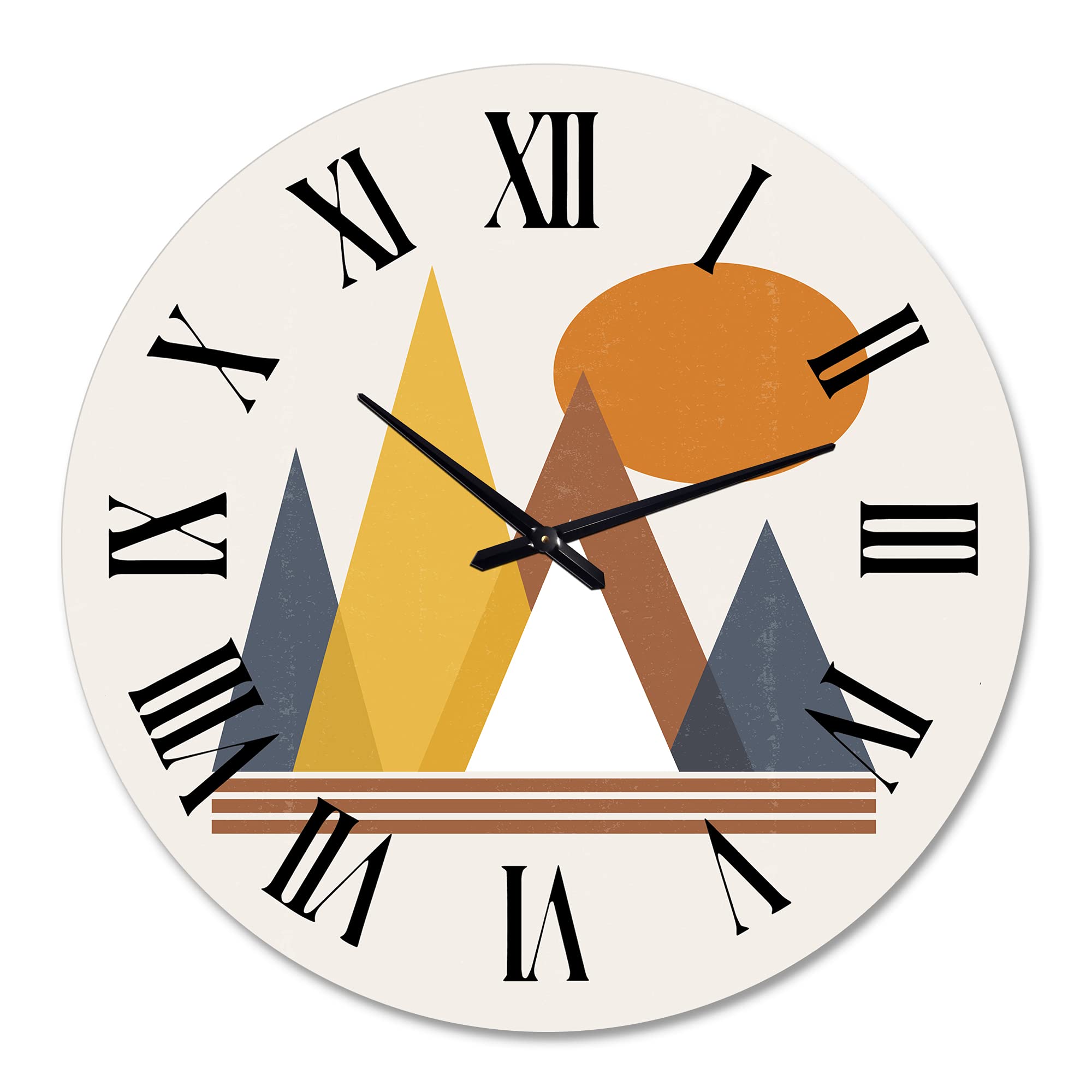 DesignQ Modern Abstract Mountain & Sun Wall Clock - Large Fractal Art Decorative Clock for Kitchen, Living Room, Office | Perfect for Home & Office Decor