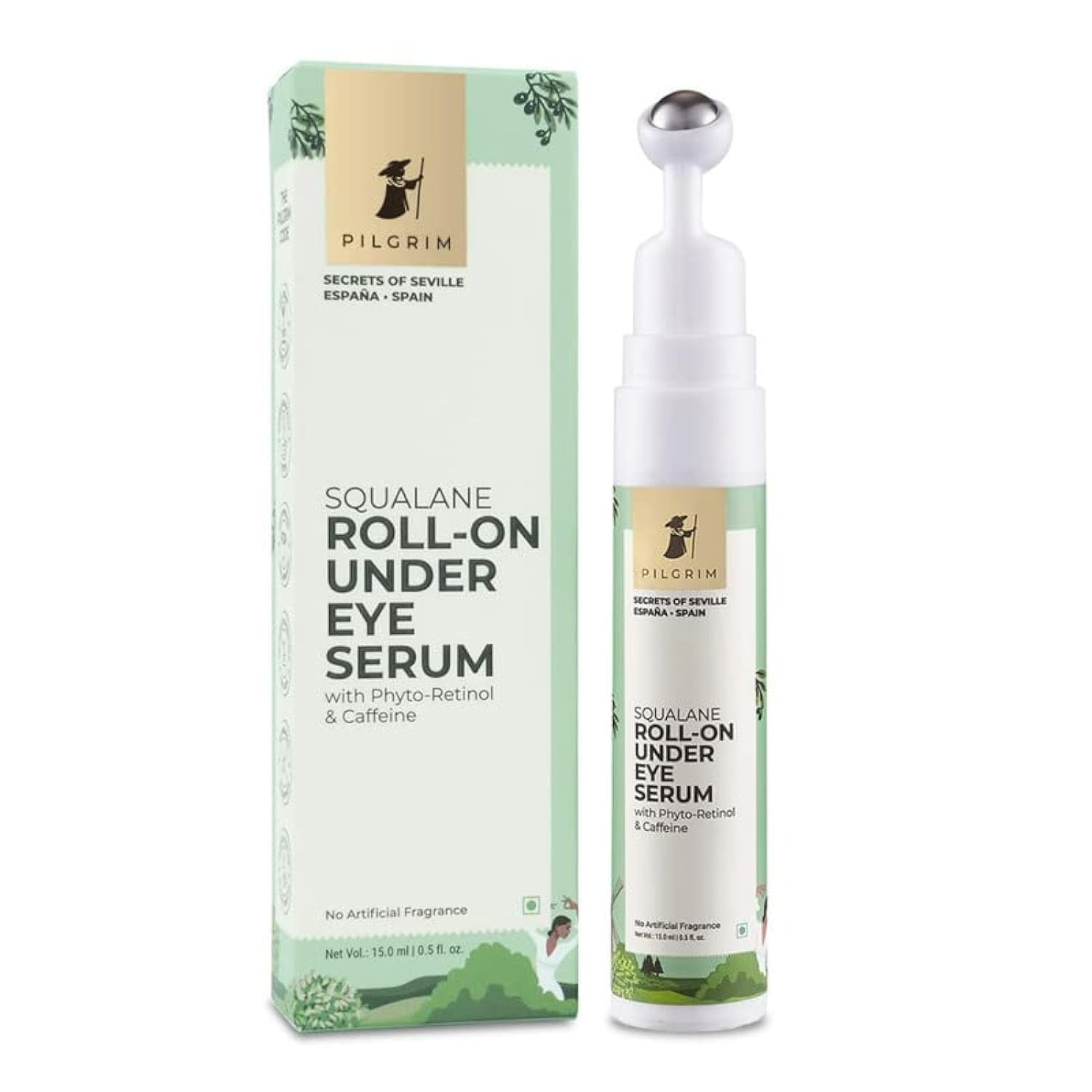 Pilgrim Plant-Based Squalane Roll-On Under Eye Cream for Dark Circles, Wrinkles & Puffy Eyes - With Phyto-Retinol & Caffeine | Dark Circle Remover & Massage Roller | 15ml | Perfect for Morning & Night Skincare Routine
