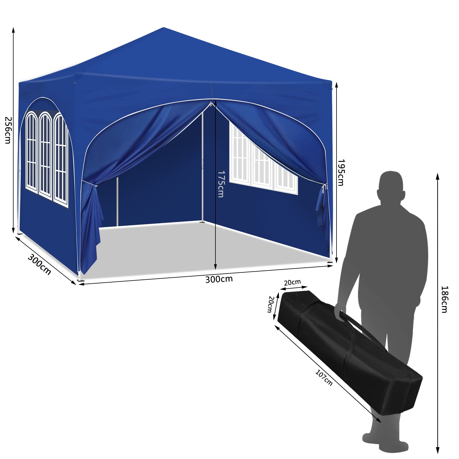 WOLTU 3x3m Pop Up Waterproof Gazebo for Garden, Adjustable Height with Side Panels, UV Protection & Carry Bag - Blue | Perfect for Outdoor Patio, Backyard, Picnic, and Camping Shelter