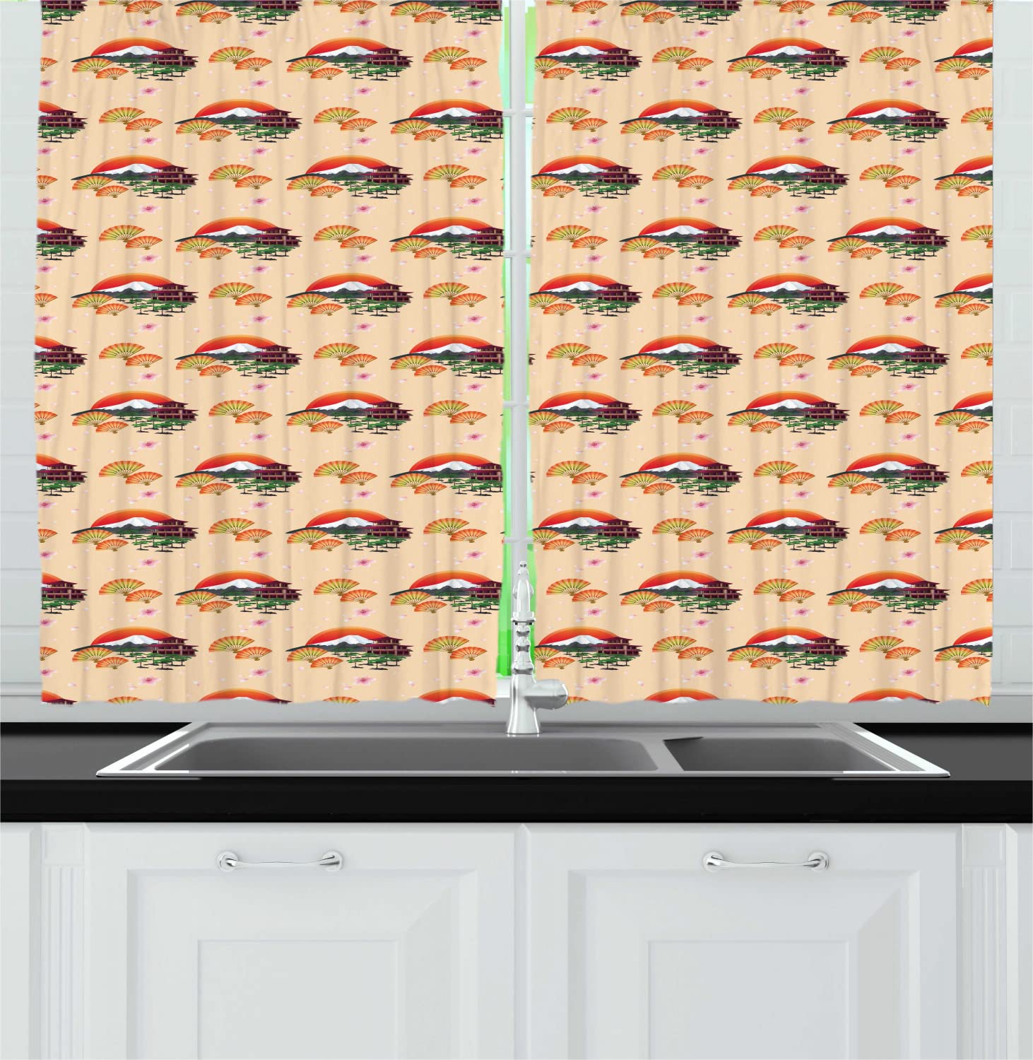 Ambesonne Japanese Cherry Blossom Kitchen Curtains - Pink Sakura Flowers Print, Long Drapes with Rod Pocket, 55