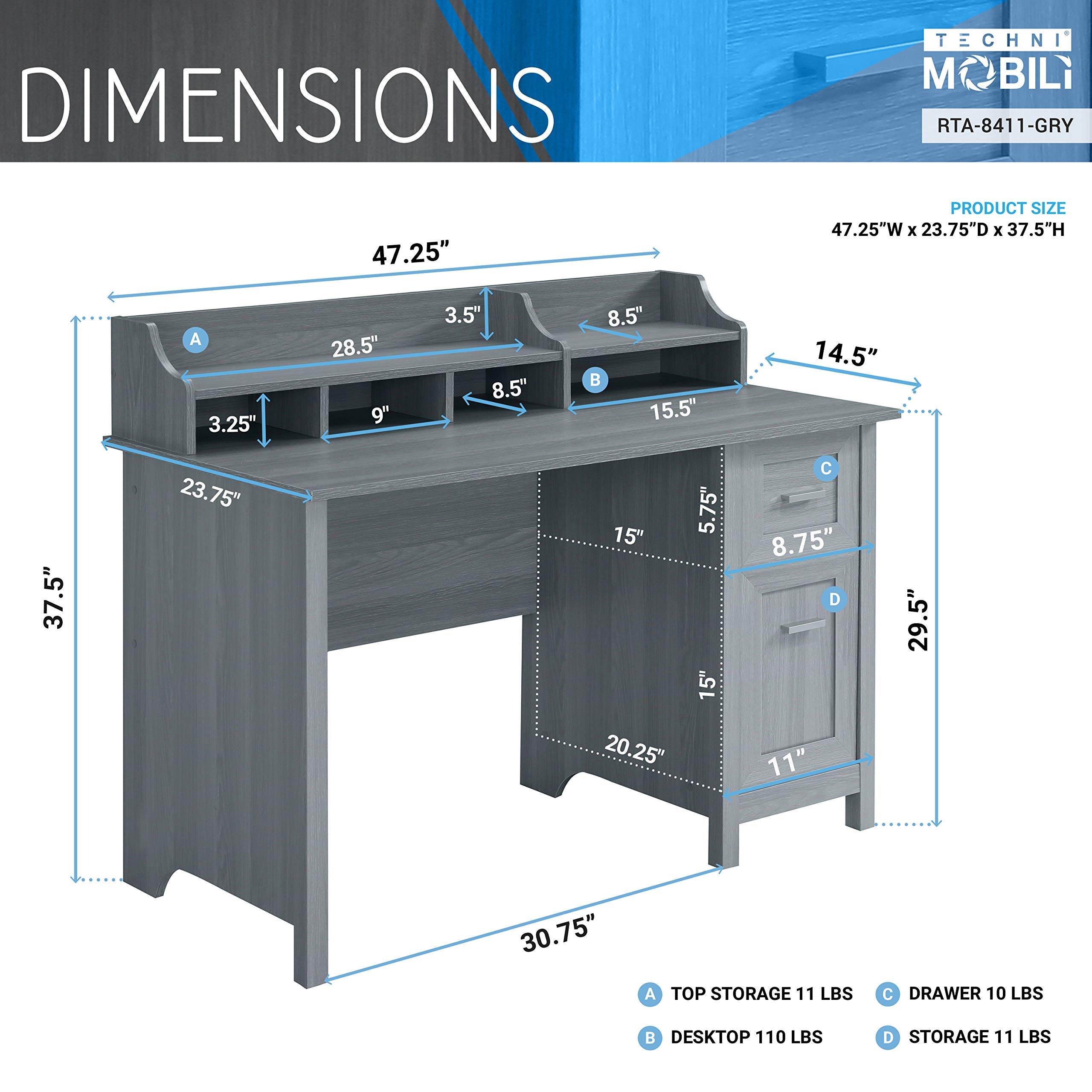 Techni Mobili Classic Office Storage Writing Desk - Grey, Modern Computer Desk with Drawers for Home Office, Study & Workspace Organization