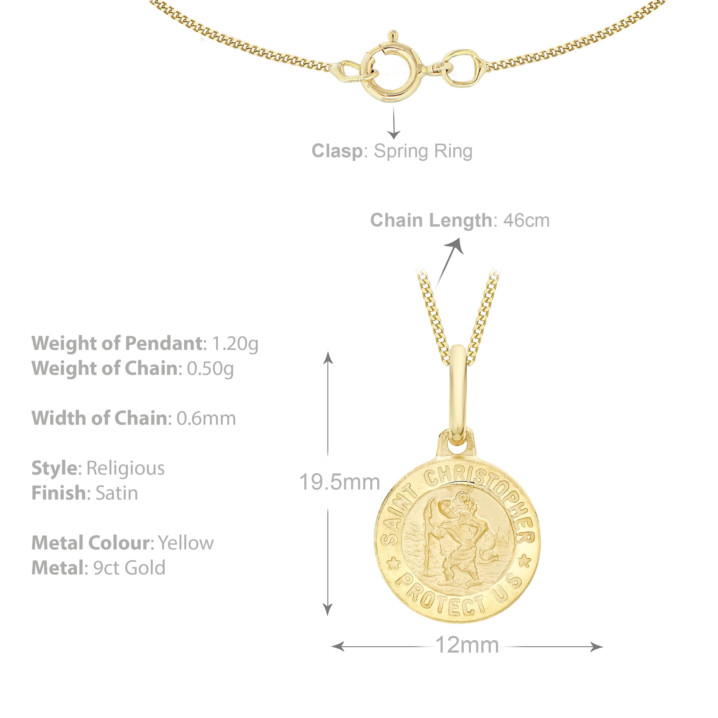 Carissima Unisex 9ct Gold St. Christopher Medal Pendant Necklace - 12mm Round Religious Jewelry with Diamond Cut Curb Chain for Men & Women - Perfect for Travel Protection, Baptism Gifts & Everyday Wear