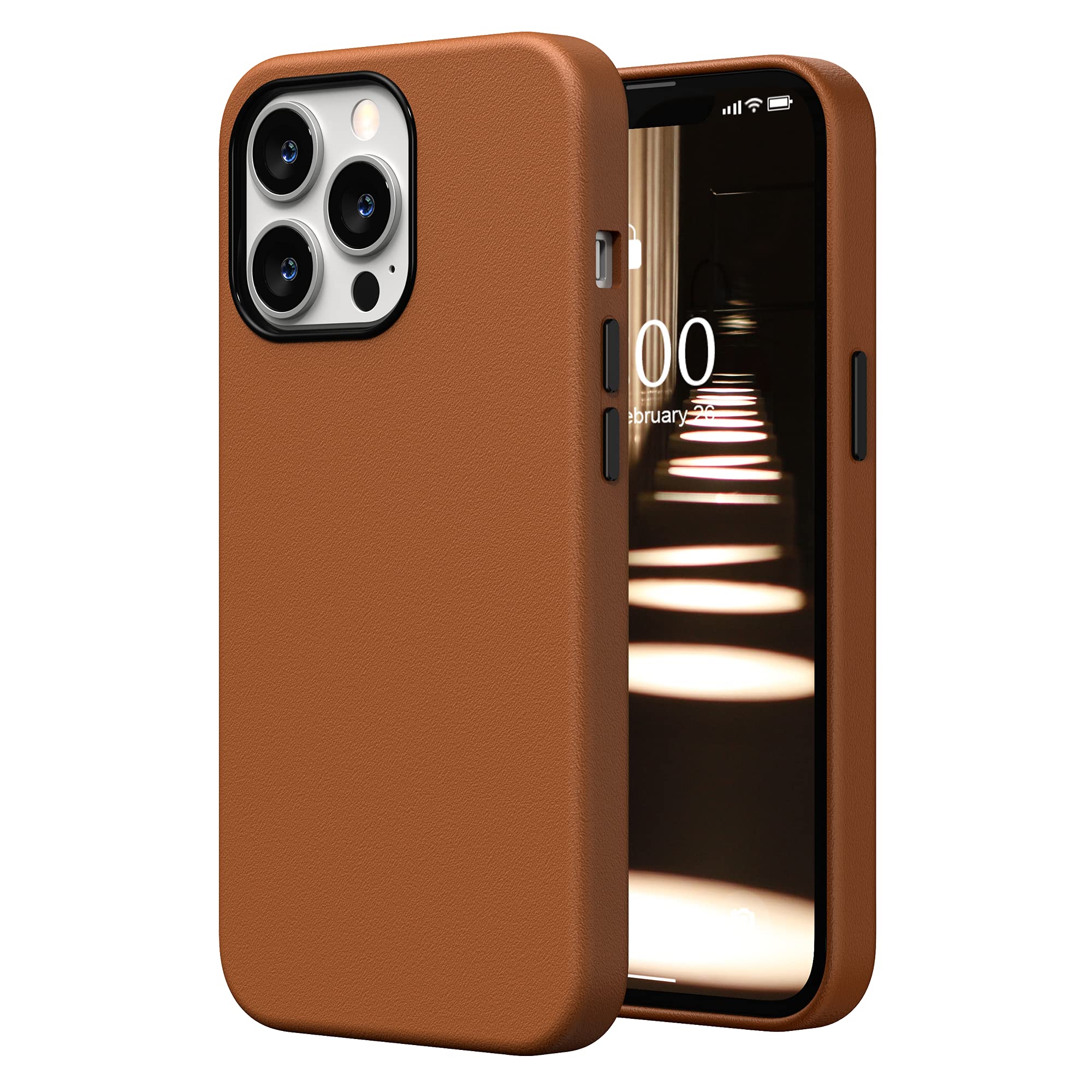 Premium Faux Leather iPhone 13 Pro Case (6.1 inch 2021) - SURPHY Slim Protective Phone Cover with Metallic Buttons & Soft Microfiber Lining | Perfect for Work, Travel & Everyday Use (Brown)