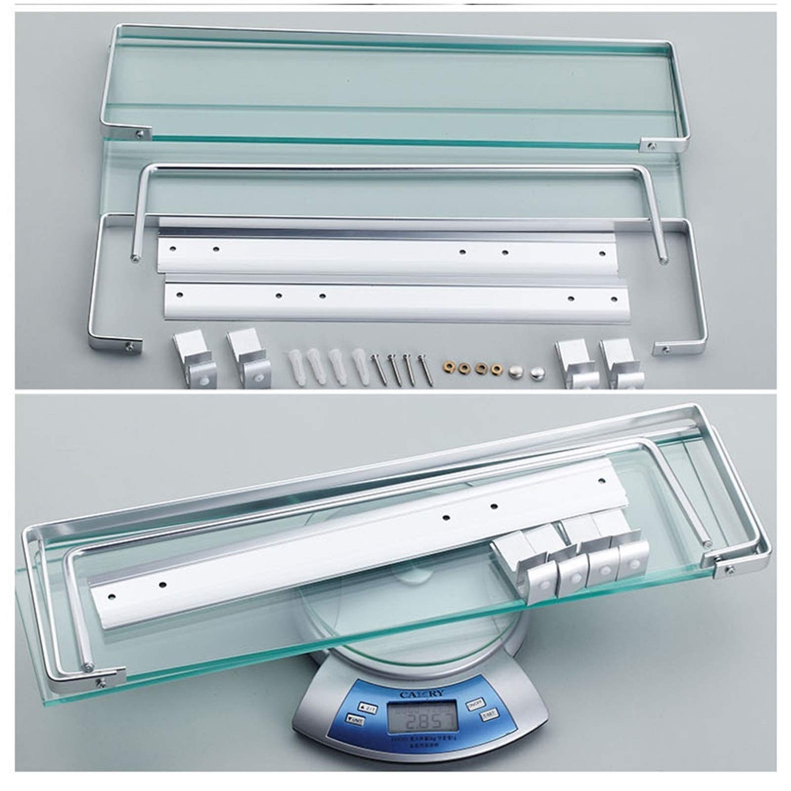 2-Tier Wall Mounted Tempered Glass Shower Shelf - 40cm Floating Organizer Rack with Aluminum Frame for Bathroom Storage | Perfect for Shampoo, Soap & Towel Organization in Showers