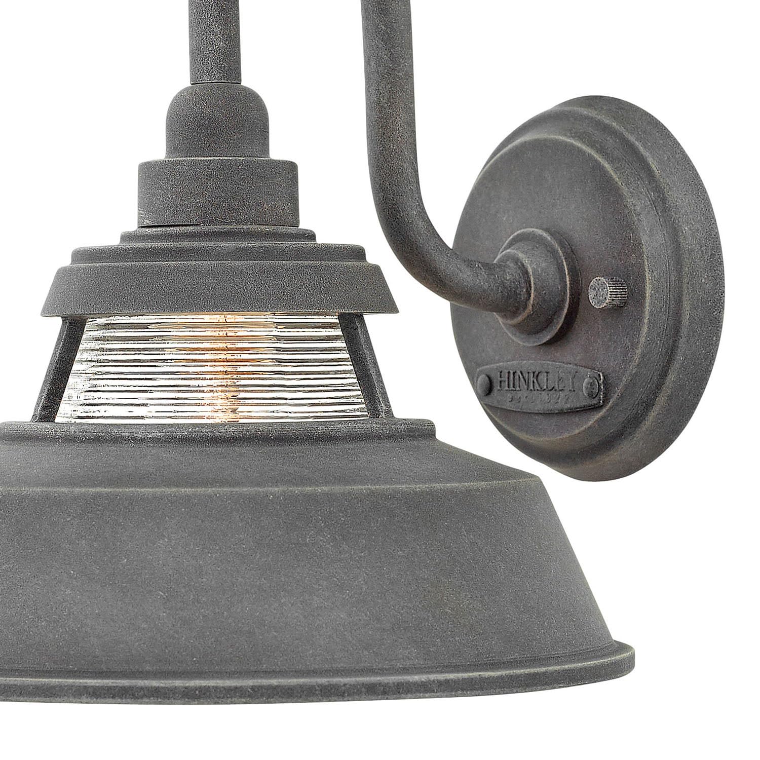 Hinkley Troyer 1194DZ Small Outdoor Wall Mount Lantern Light with Gooseneck Arm - Farmhouse Style Shade & Ribbed Glass Accent in Aged Zinc Finish - Perfect for Porch, Patio, Garden, and Entryway Lighting