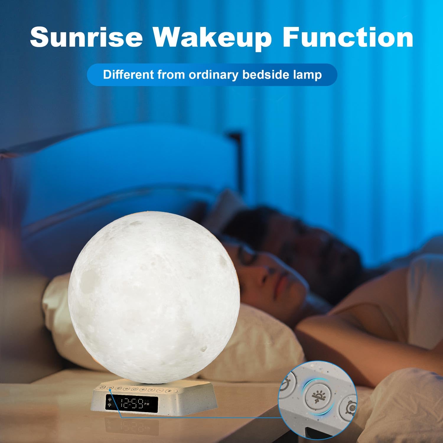 Sunrise Alarm Clock & Moon Lamp - 3 Color Adjustable Light Therapy Lamp with White Noise, UV-Free Wake Up Light for Bedroom, Office, Living Room - Perfect for Relaxation, Reading & Mood Enhancement