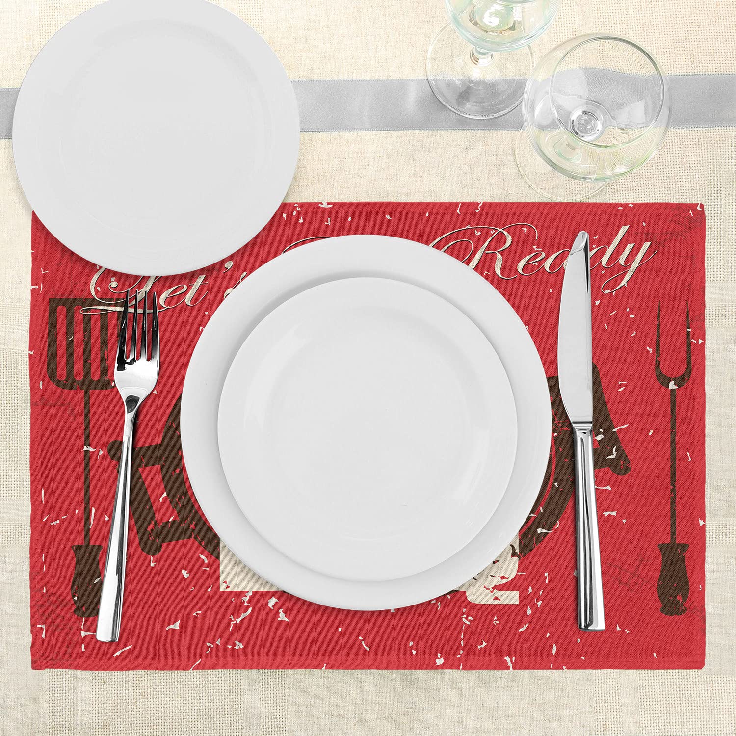 Lunarable BBQ Party Place Mats Set of 4 - Washable Fabric Dining Table Mats with Grunge Grill & Utensils Design - Perfect for Kitchen Decor, Outdoor BBQ Gatherings & Dinner Parties (Black Eggshell & Vermilion)