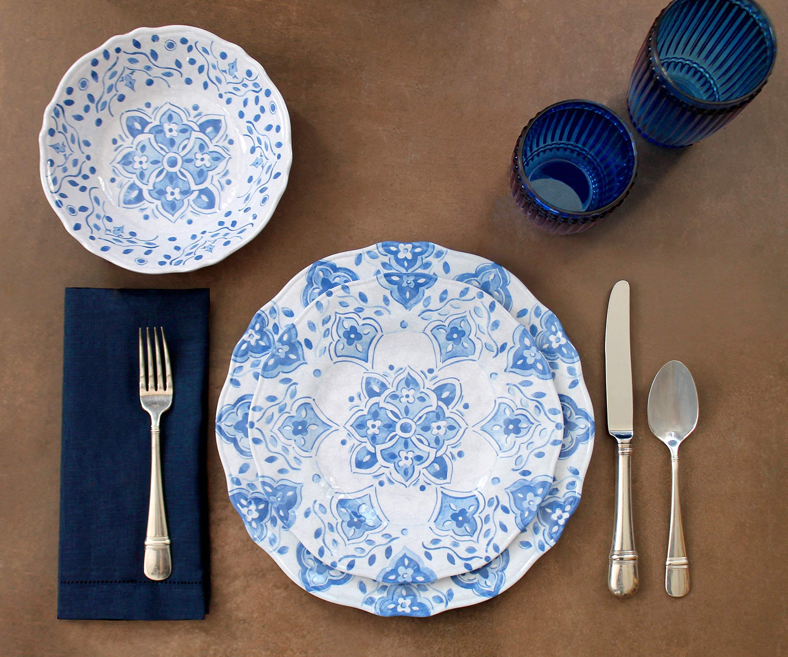 Le Cadeaux 16-Piece Luxury Melamine Dinnerware Set - Moroccan Blue, Shatterproof & Lightweight, Service for 4 - Perfect for Outdoor Dining, Picnics, and Everyday Use