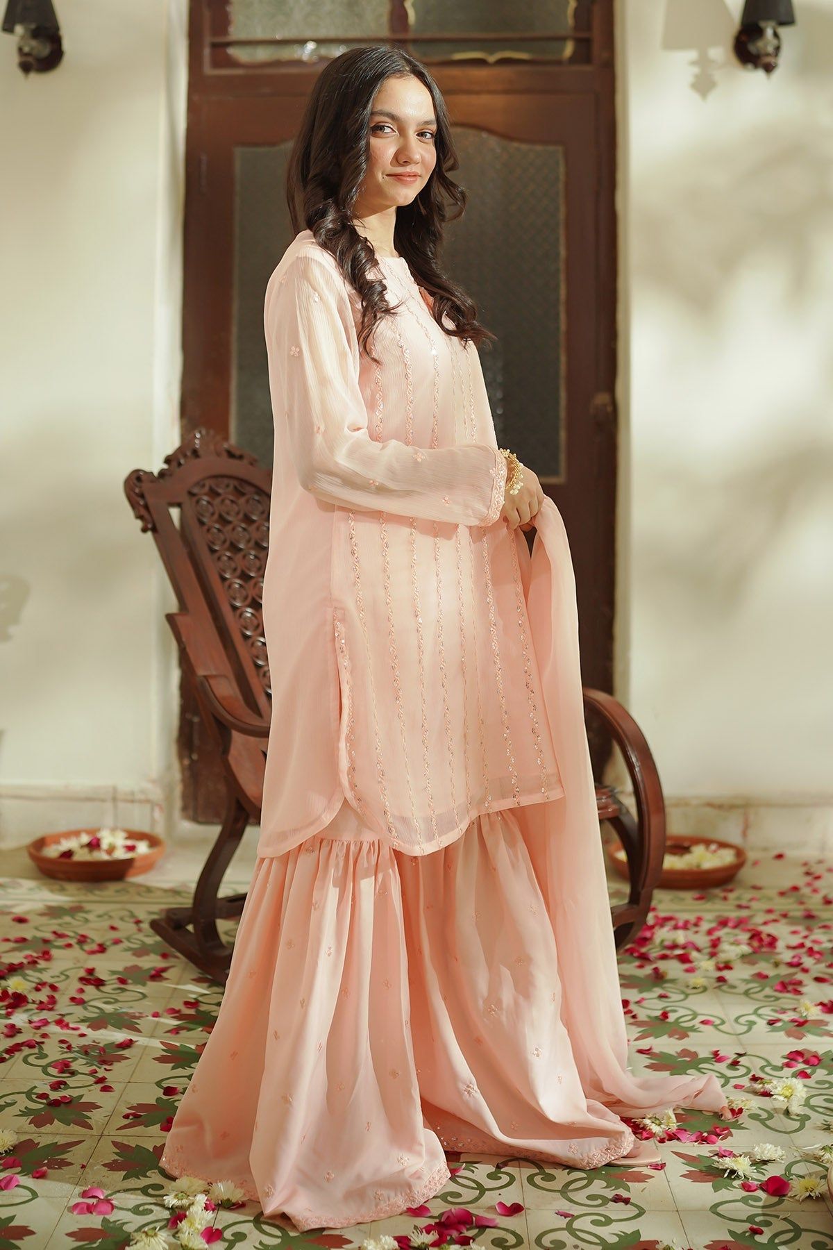 Elegant Chiffon Embroidered Peach 3-Piece Stitched Suit in Ochre - Perfect for Weddings, Parties & Special Occasions