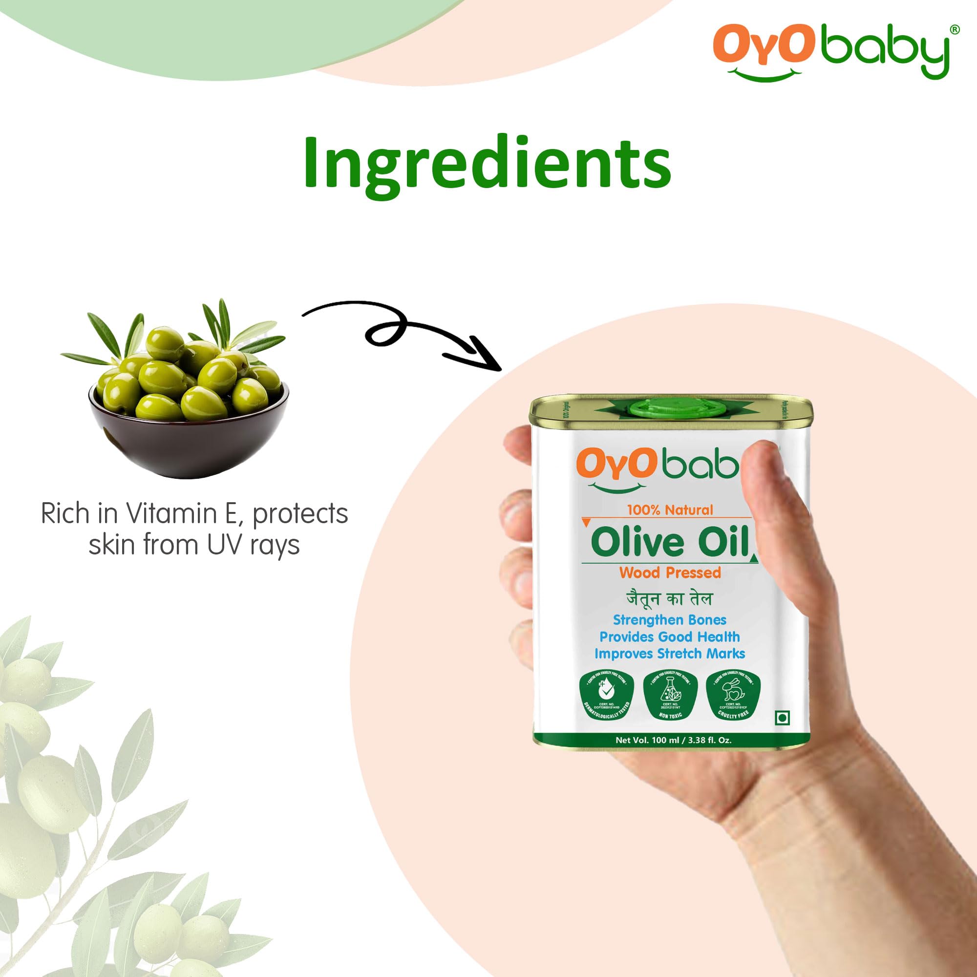 OYO BABY 100% Pure & Natural Olive Massage Oil for Babies - 100ml | Promotes Faster Physical Growth, Stronger Bones & Muscles | Cold Pressed Baby Hair & Body Oil | Ideal for Newborn Massage, Skin Hydration & Relaxation | Pack of 1