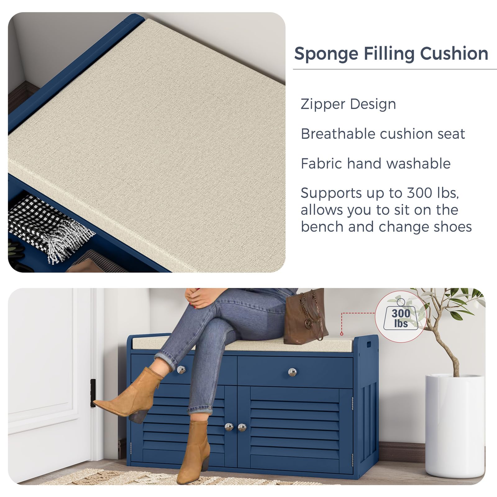 Multi-Functional Shoe Storage Bench with 2 Drawers & 2 Doors - Entryway Organizer with Cushioned Seat, Adjustable Shelves - Shoe Cabinet for Hallway, Living Room, Bedroom & Mudroom (Blue) - Perfect for Small Space Organization & Entryway Decor