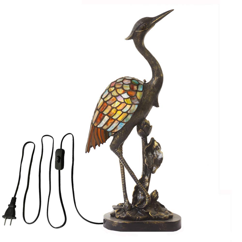 LITFAD Tiffany Style Crane Bird Table Lamp - Vintage Stained Glass & Resin LED Desk Light with Vivid Brass Base - Bedside Nightstand Lighting for Bedroom, Living Room, Hotel & Office - Perfect for Reading, Relaxing & Decorative Ambiance