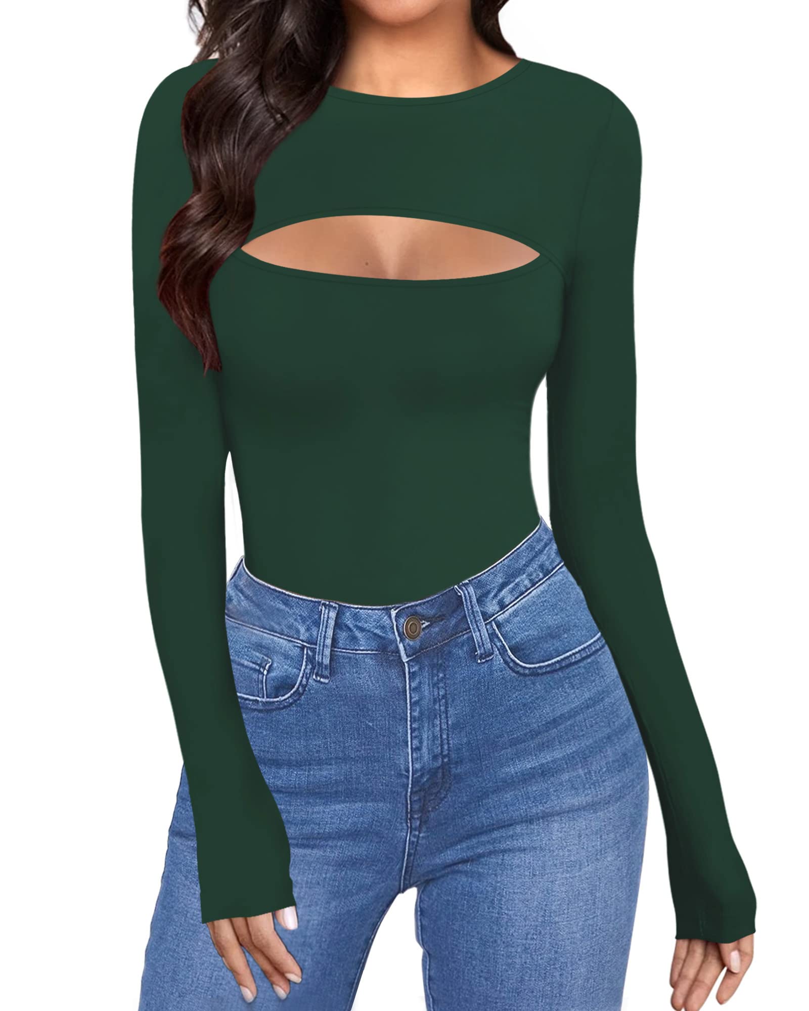 ALGALAROUND Women's Fashion Cutout Front Tops - Long & Short Sleeve Fitted T-Shirts for Casual Wear, Party Outfits & Everyday Style