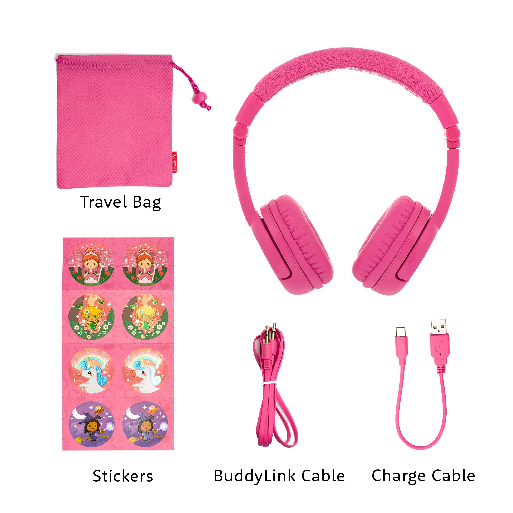BuddyPhones Play+ Wireless Kids Headphones Bundle - Rose Pink & Snow White | Bluetooth Headset for Children | Perfect for School, Travel & Online Learning