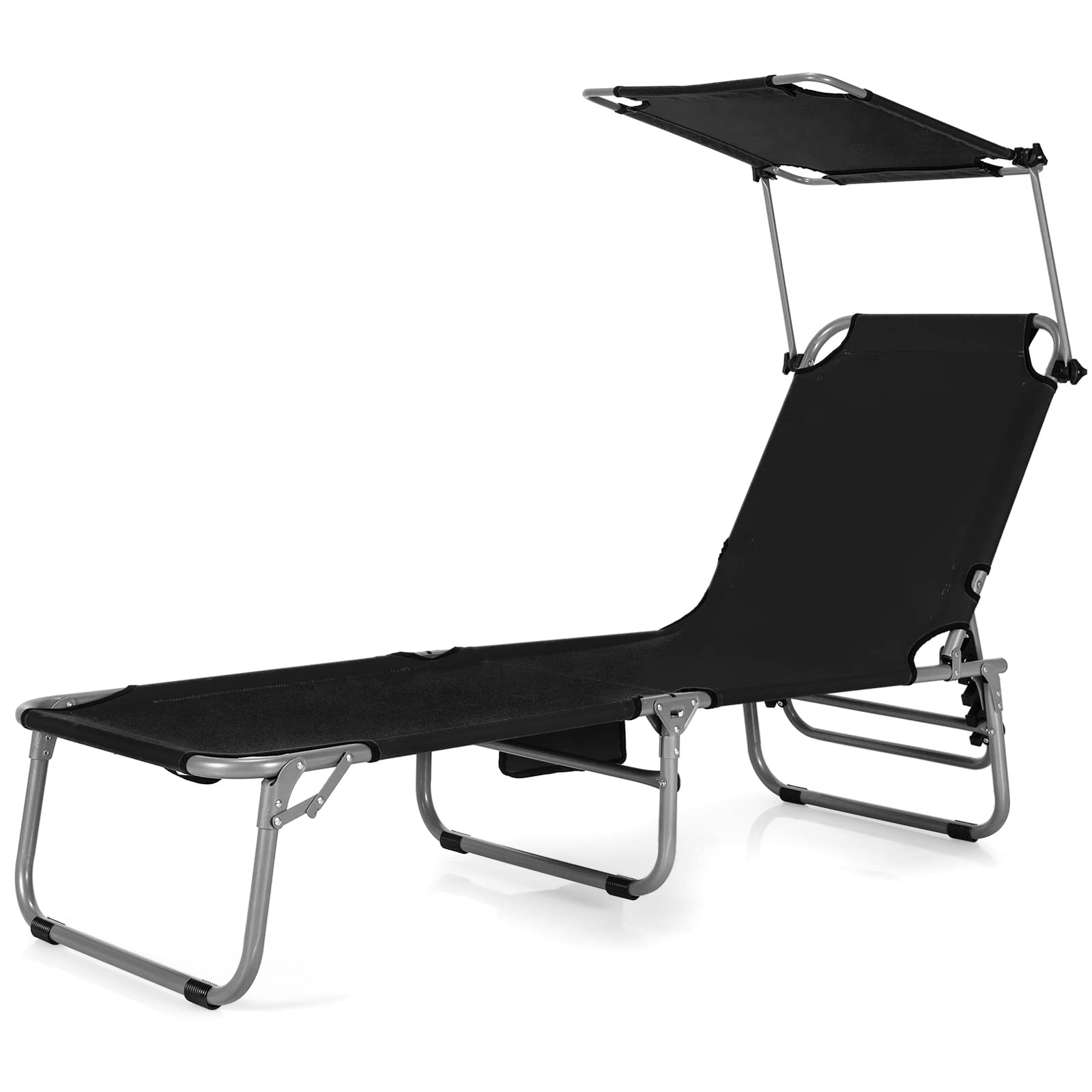 **Tangkula 5-Position Folding Chaise Lounge Chair - Adjustable Reclining Beach Chair with 360° Canopy Shade & Side Storage Pocket - Portable Outdoor Patio Recliner for Sunbathing, Poolside, Backyard, Camping (Black, 2-Pack)**