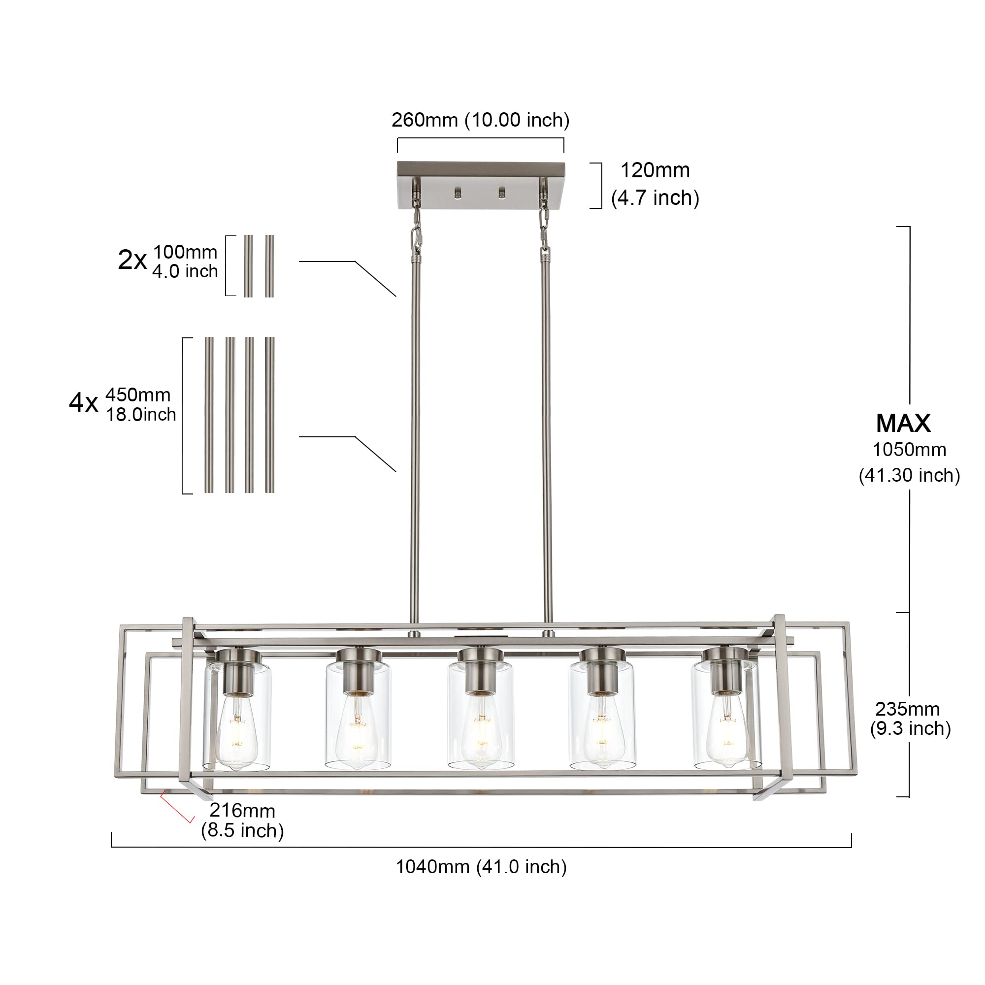 MELUCEE 5-Light Brushed Nickel Rectangular Pendant Light with Clear Glass Shade - Adjustable Height Kitchen Island Lighting & Dining Room Chandelier - Perfect for Modern Farmhouse, Industrial & Contemporary Home Decor