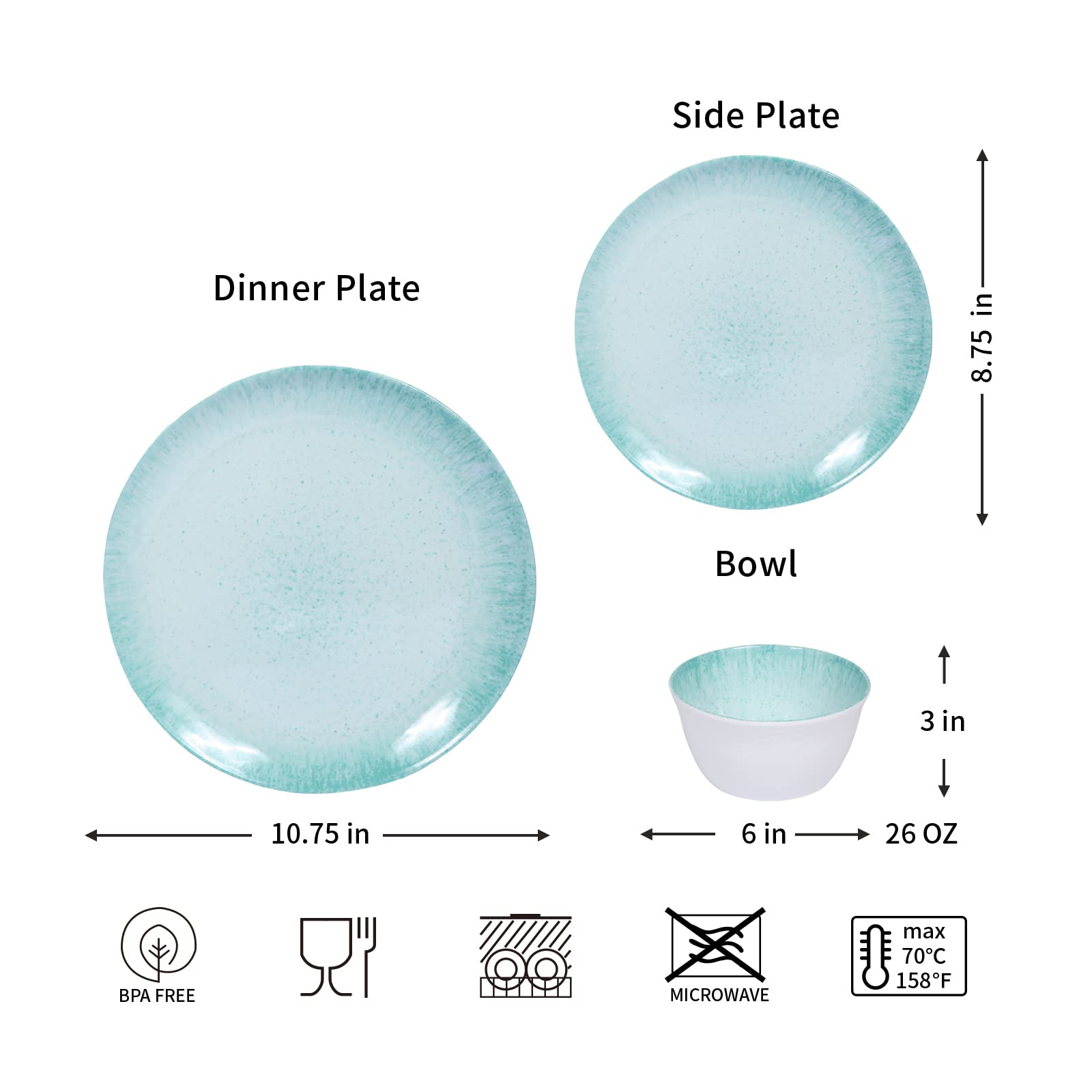 12-Piece Melamine Dinnerware Set - Durable Plates & Bowls for 4, Turquoise with Spot Design - Perfect for Outdoor Dining, Picnics, and Pool Parties