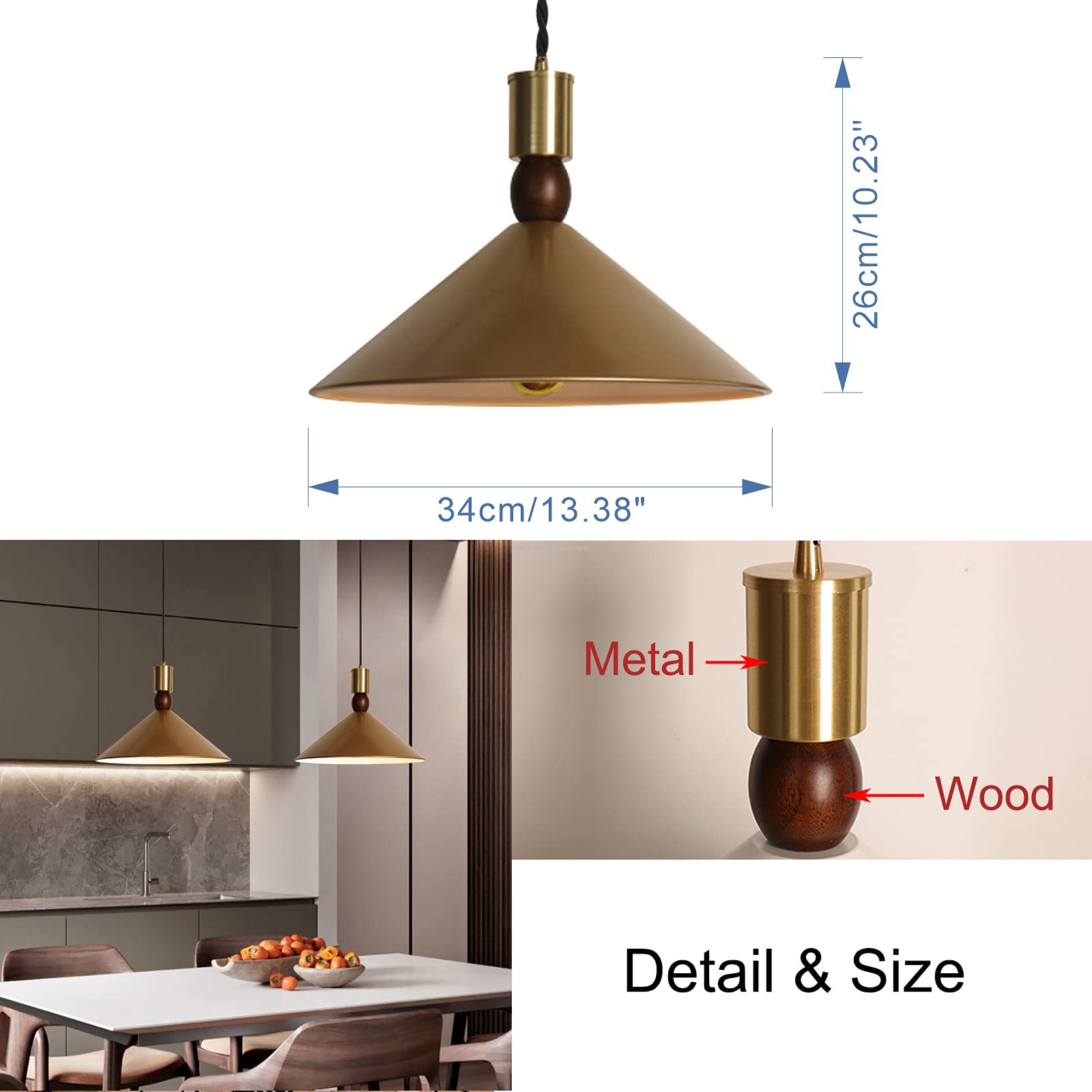 15 Ft Black Twisted Cord E26 Base Gold Metal Pendant Light Fixture with Dimmer Switch - Industrial Design Plug-in Hanging Light for Bay Window, Restaurant, Laundry Room & Farmhouse Decor (Bulb Not Included) - Perfect for Ambient Lighting in Dining Areas, Kitchens and Commercial Spaces