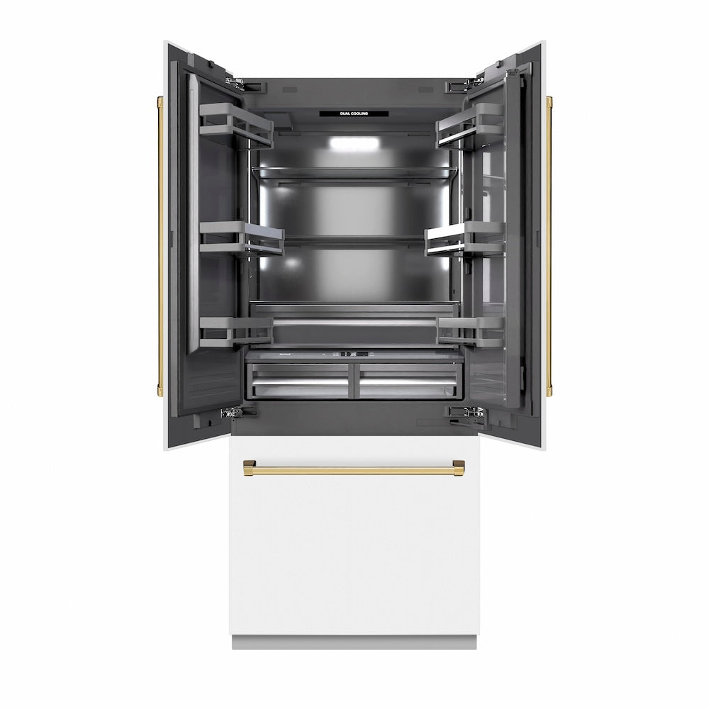 ZLINE Autograph Edition 36 Inch 19.6 Cu Ft French Door Built-In Bottom Freezer Refrigerator with Water Dispenser & Ice Maker - White Matte Exterior, Graphite Gray Interior, Polished Gold Accents (GRBIVZ WM 36 G) - Perfect for Modern Kitchens & Luxury Homes