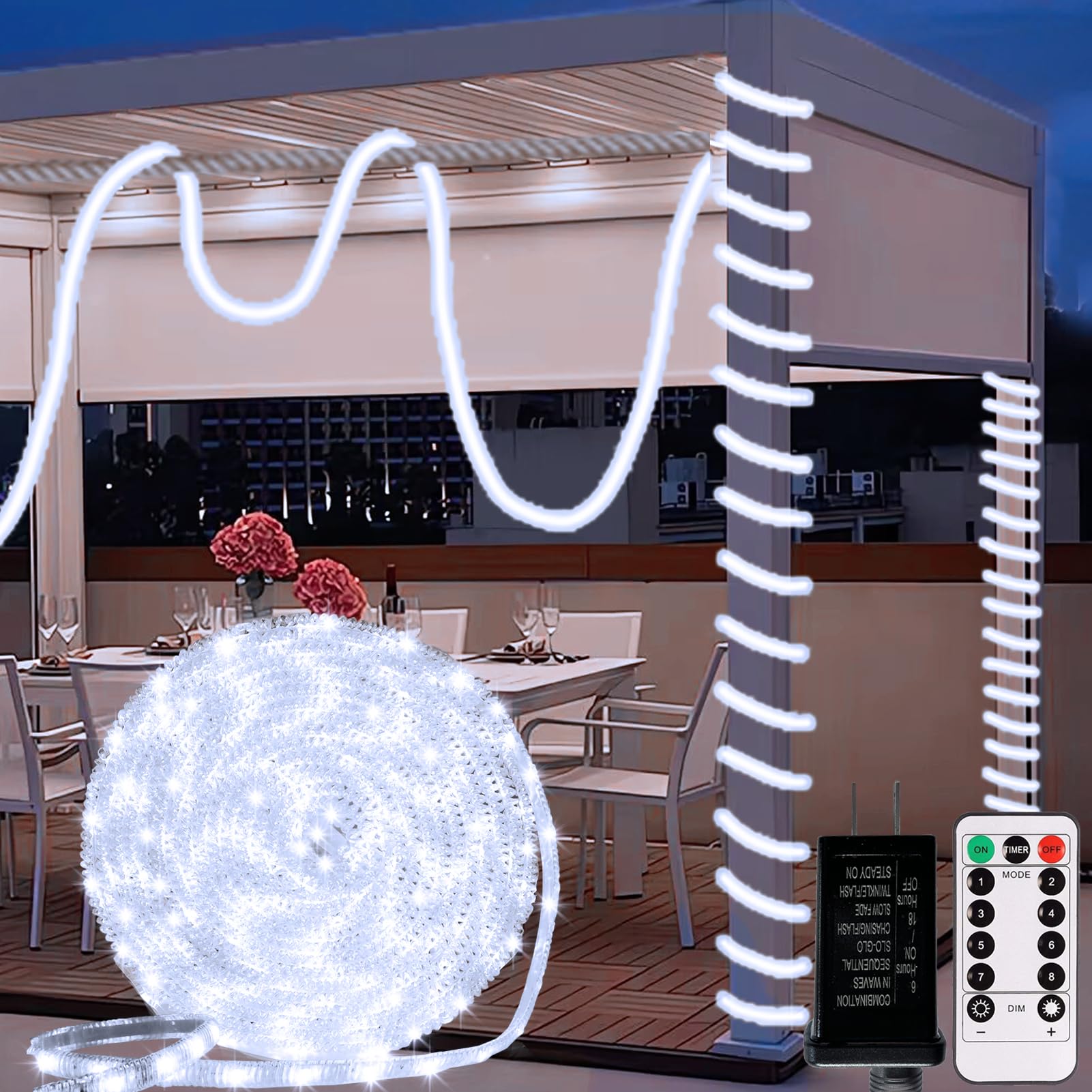 Echosari 33ft Waterproof Outdoor Rope Lights with Remote & Timer - Crystal Covered Ripple LED Strip Lights for Bedroom, Party, Garden, Patio Decor (Cool White) | DIY Flexible Lighting for Weddings, Holidays & Landscape