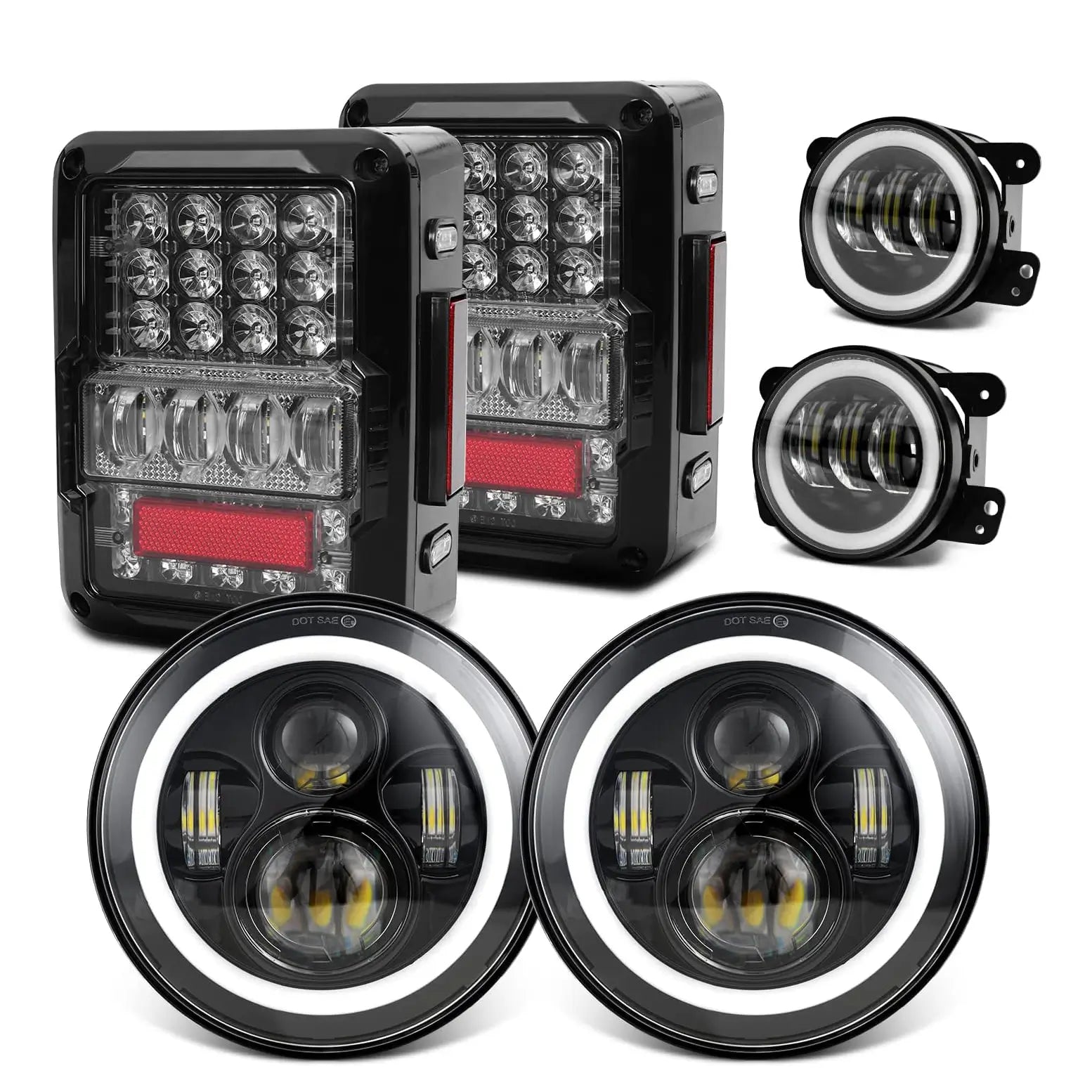 7 Inch Halo LED Headlights + 4 Inch Halo LED Fog Lights + 4D LED Tail Lights Kit for Jeep Wrangler JK (2007-2018) - Off-Road, Night Driving & Adventure Lighting Upgrade