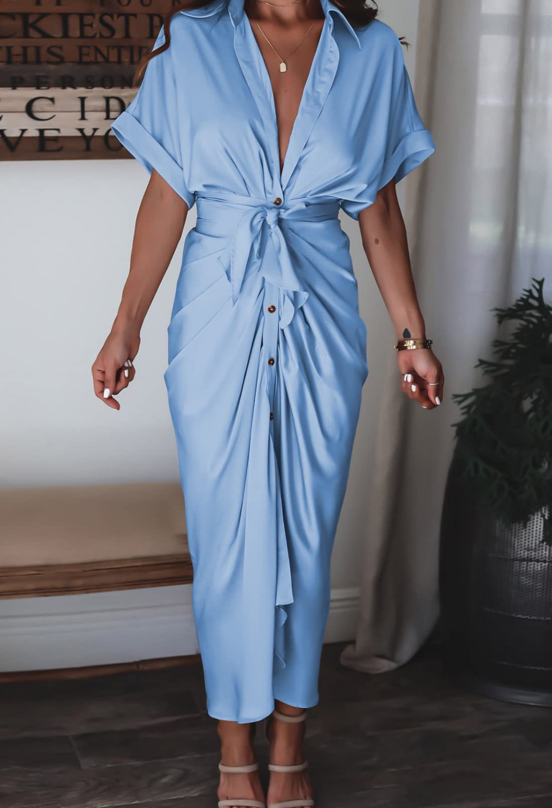 Elegant Women's Satin Button Down Short Sleeve Maxi Shirt Dress with Belt - Perfect for Summer Outings, Beach Cover-ups & Casual Office Wear