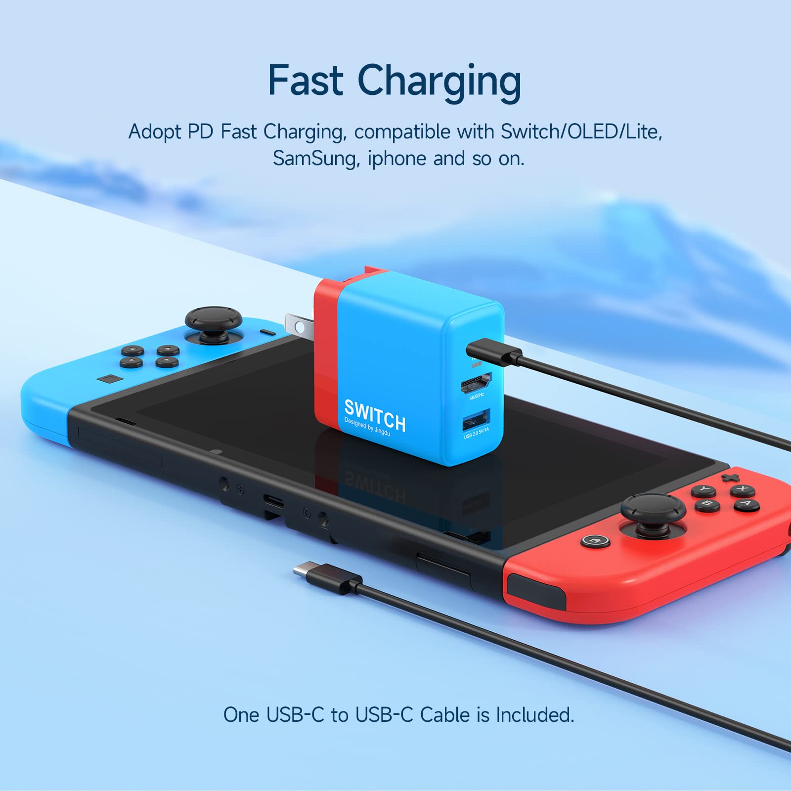 Nintendo Switch Dock Charger 36W - PD Fast Charging Adapter with USB C & HDMI Port for Switch/OLED - Compact Travel Dock for TV, Phone, Tablet & Laptop (Red & Blue) - Perfect for Gaming On-The-Go & Home Entertainment Setup