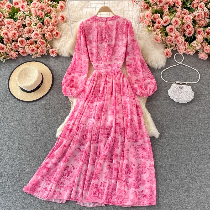 Vintage French Printed Chiffon Long Dress with Round Neck & Side Slit - Elegant Flowy Maxi Dress for Women | Perfect for Weddings, Parties & Special Occasions