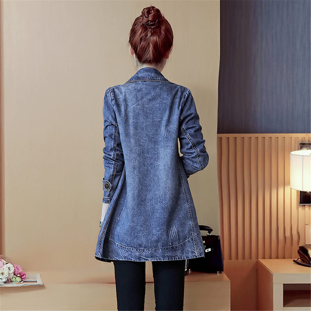 Stylish Autumn Women's Denim Jacket - Double Breasted Long Jeans Coat with Turn Down Collar | Casual Outerwear, Bomber Jacket for Fall Fashion | Perfect for Daily Wear, Office Outfits & Weekend Outings